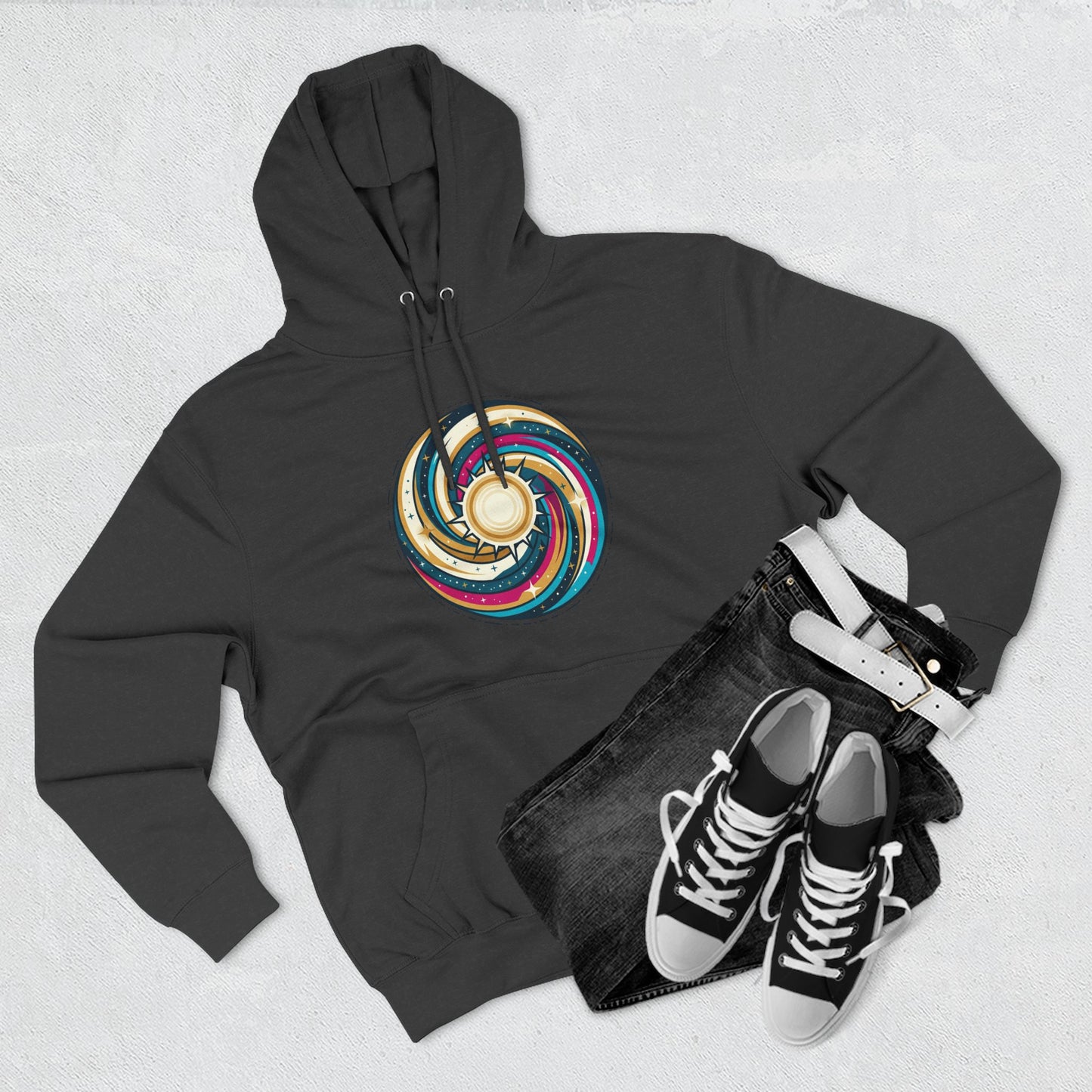Swirl Sun Hoodie – Cosmic Spiral Sun Graphic Hoodie | Psychedelic Space Aesthetic, Celestial Streetwear, Unisex Hoodie