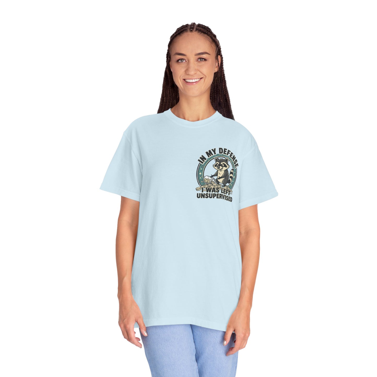 Funny Raccoon T-Shirt – “In My Defense I Was Left Unsupervised” Graphic Tee | Cute Chaos Humor Shirt