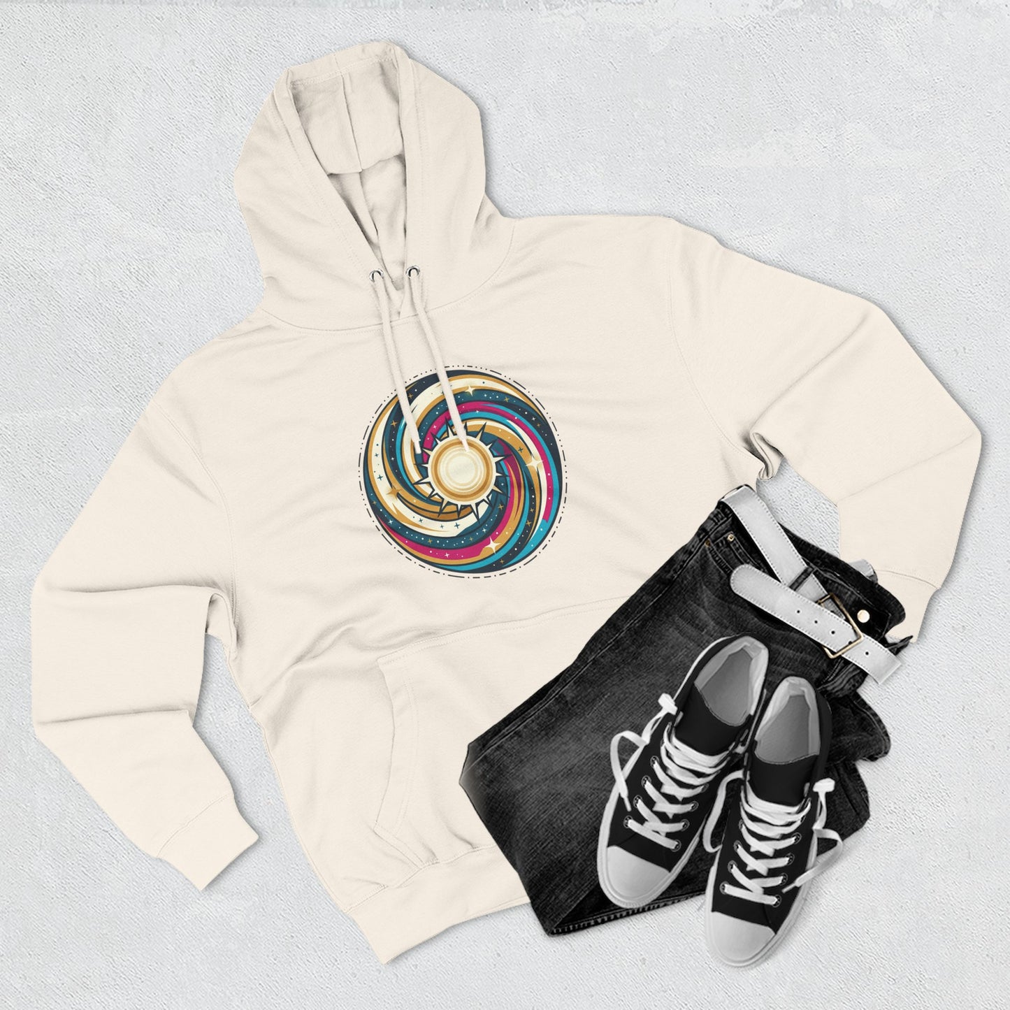 Swirl Sun Hoodie – Cosmic Spiral Sun Graphic Hoodie | Psychedelic Space Aesthetic, Celestial Streetwear, Unisex Hoodie