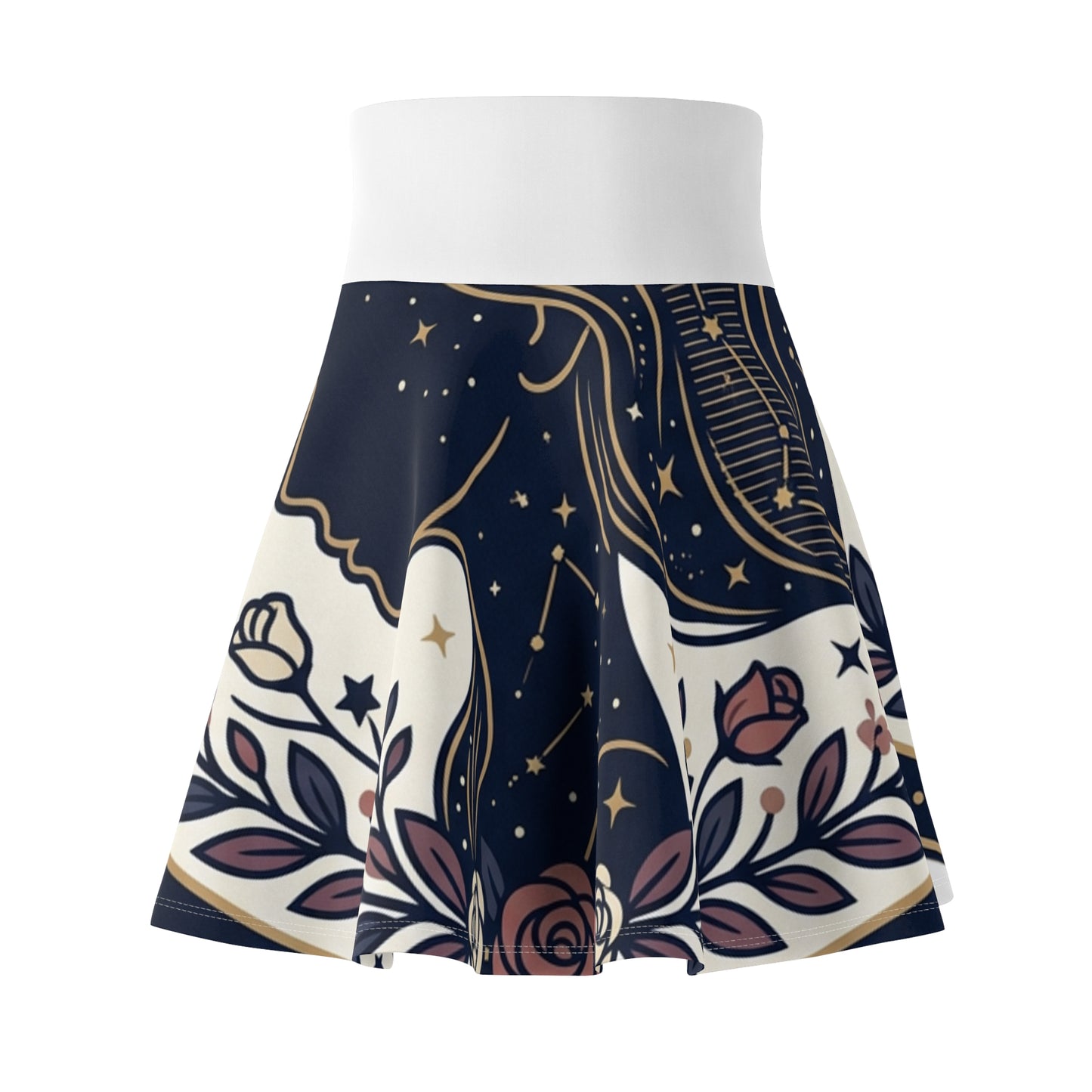 Celestial Moon & Roses Skater Skirt – Astrology Floral Aesthetic Skirt | Women’s Flowy Cosmic Skirt