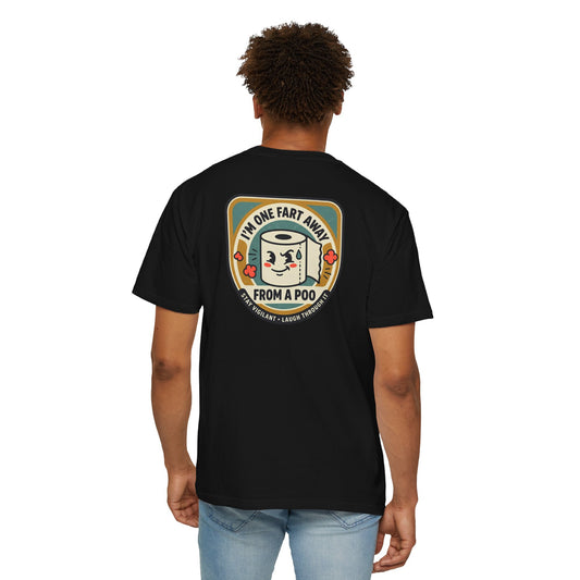 Funny Toilet Paper T-Shirt – “I’m One Fart Away From a Poo” Retro Badge Tee | Novelty Humor Shirt