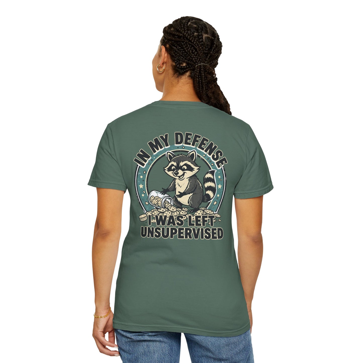Funny Raccoon T-Shirt – “In My Defense I Was Left Unsupervised” Graphic Tee | Cute Chaos Humor Shirt