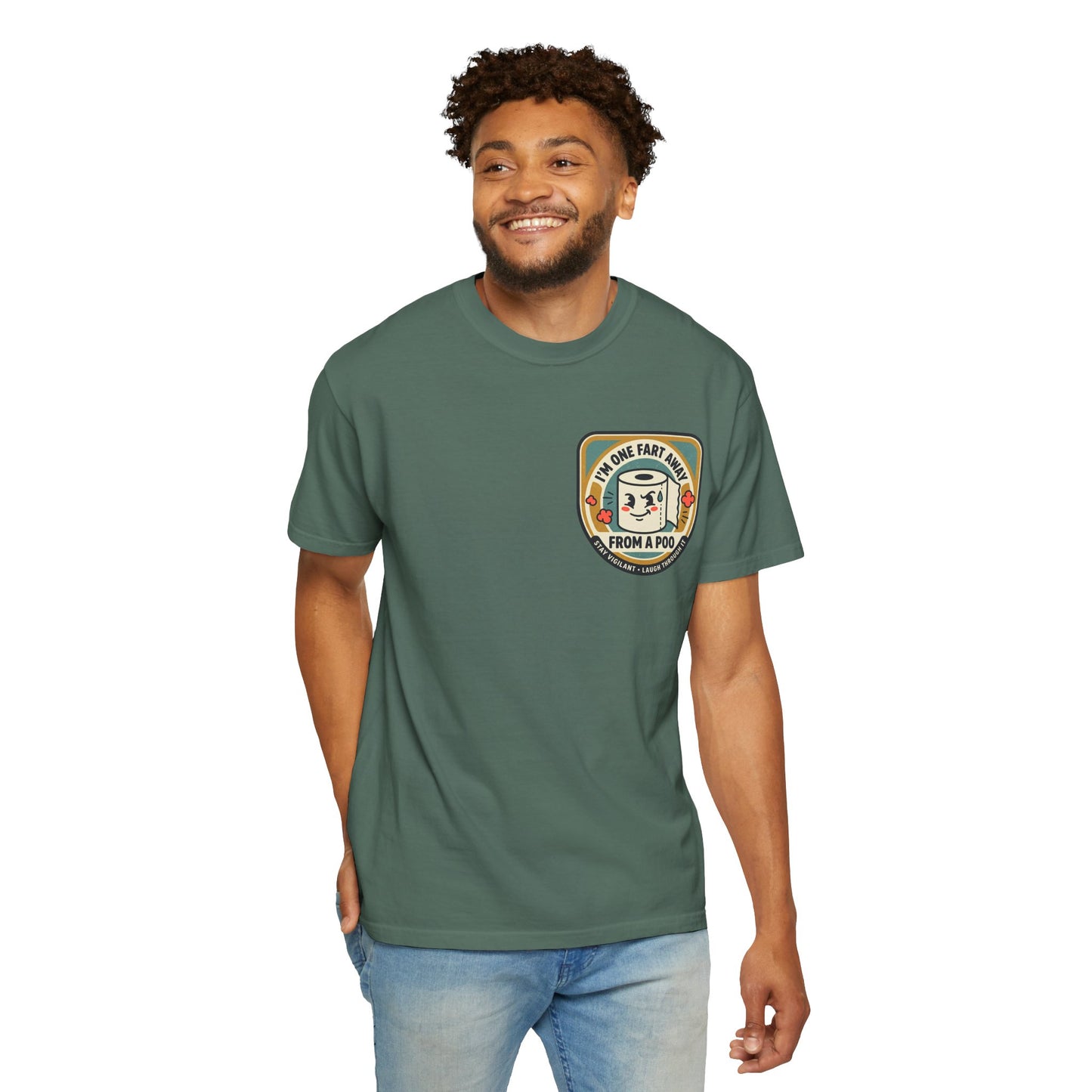 Funny Toilet Paper T-Shirt – “I’m One Fart Away From a Poo” Retro Badge Tee | Novelty Humor Shirt