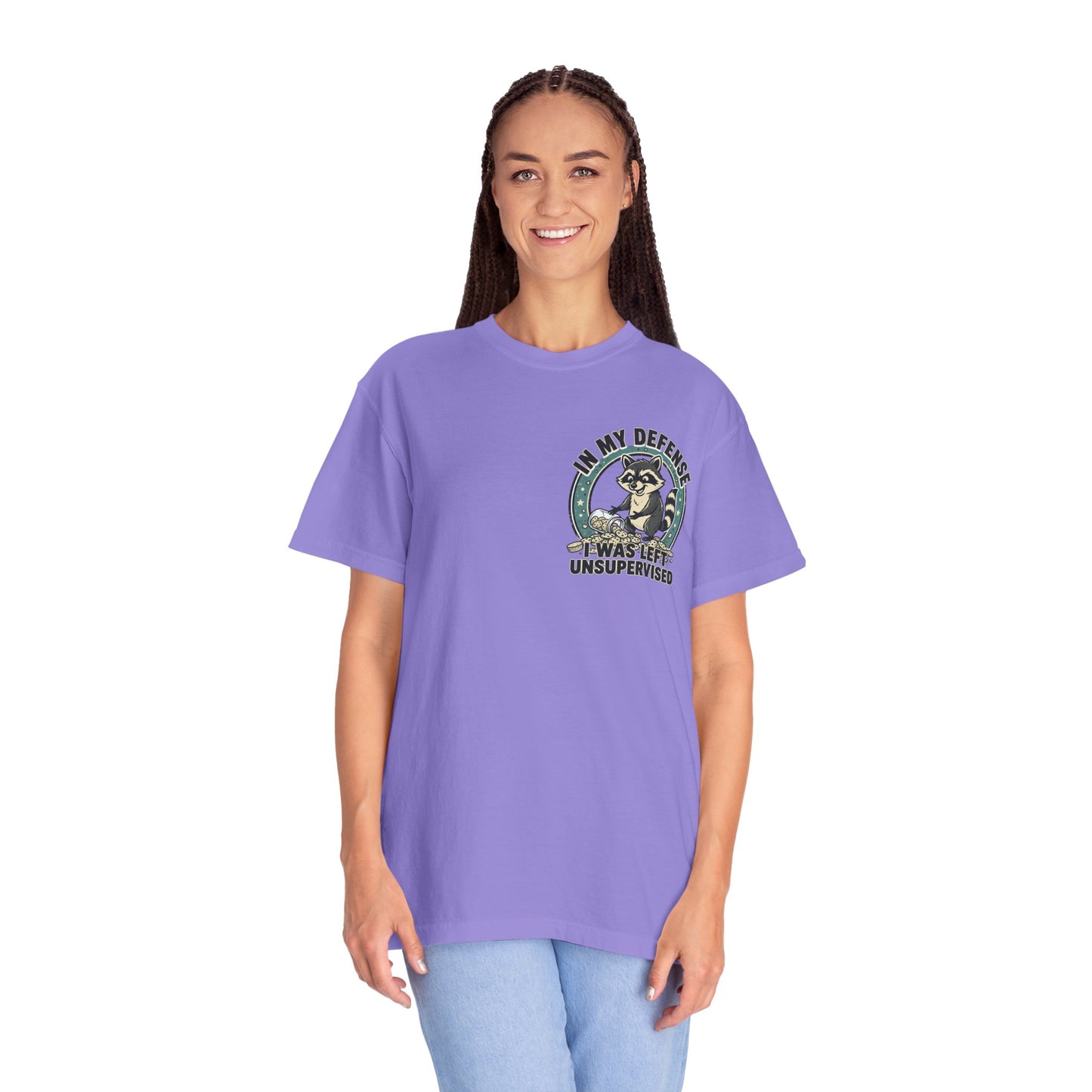 Funny Raccoon T-Shirt – “In My Defense I Was Left Unsupervised” Graphic Tee | Cute Chaos Humor Shirt