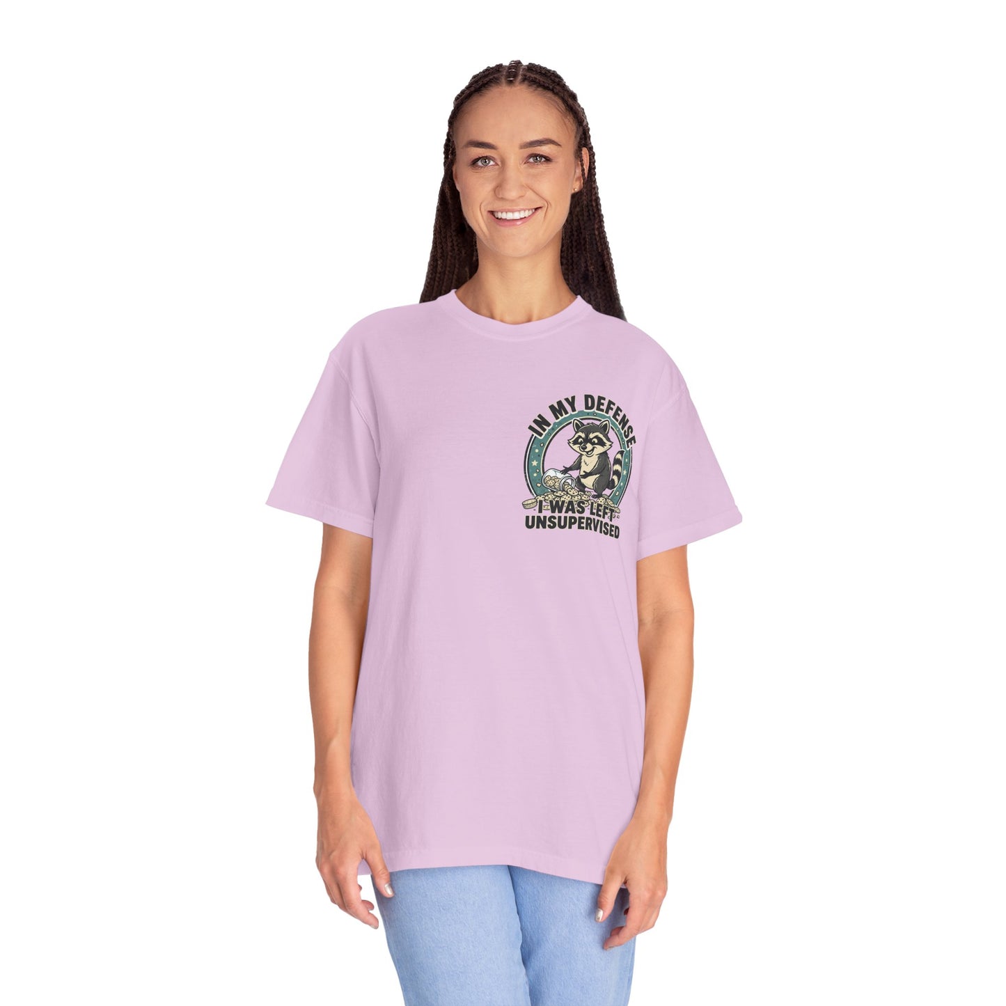 Funny Raccoon T-Shirt – “In My Defense I Was Left Unsupervised” Graphic Tee | Cute Chaos Humor Shirt