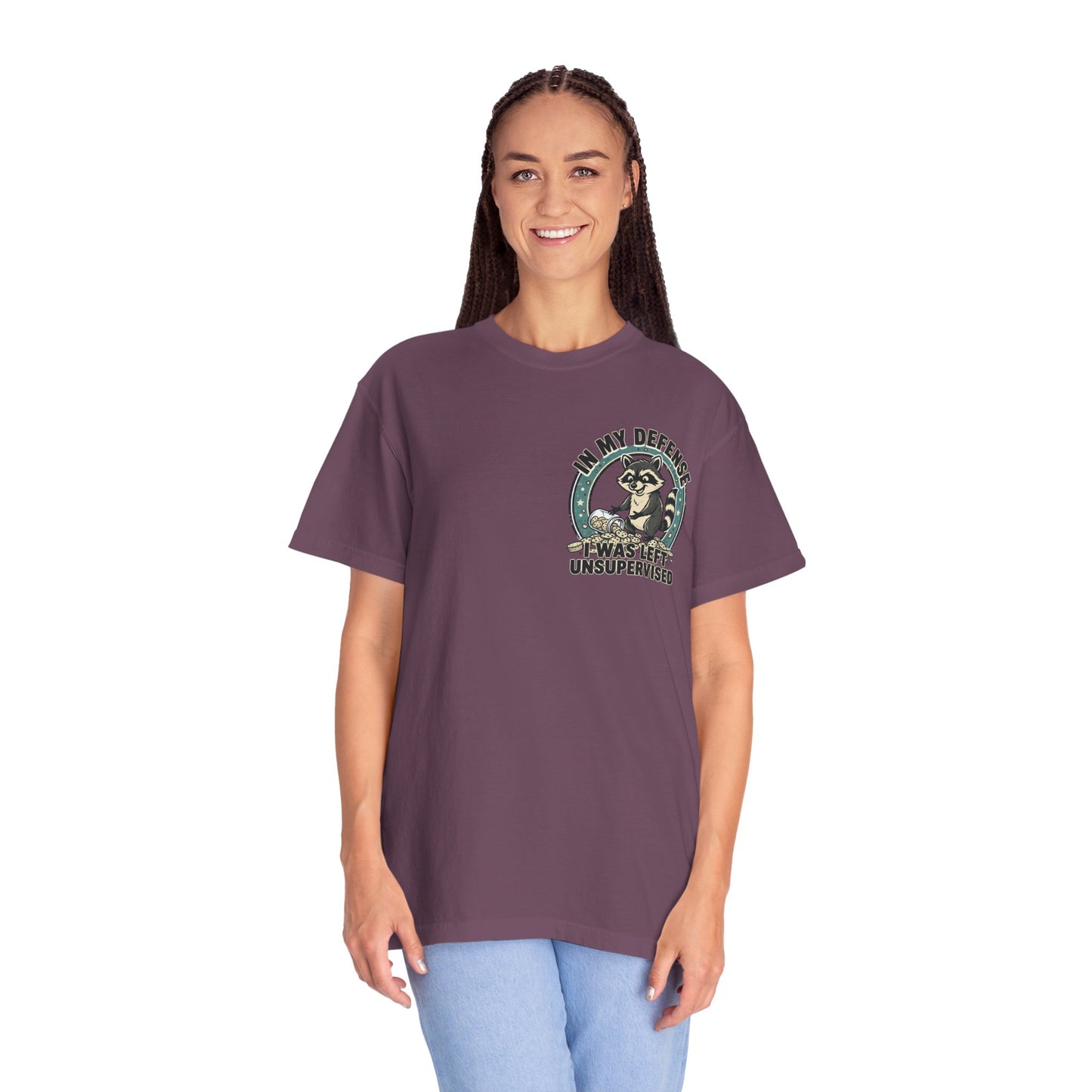 Funny Raccoon T-Shirt – “In My Defense I Was Left Unsupervised” Graphic Tee | Cute Chaos Humor Shirt