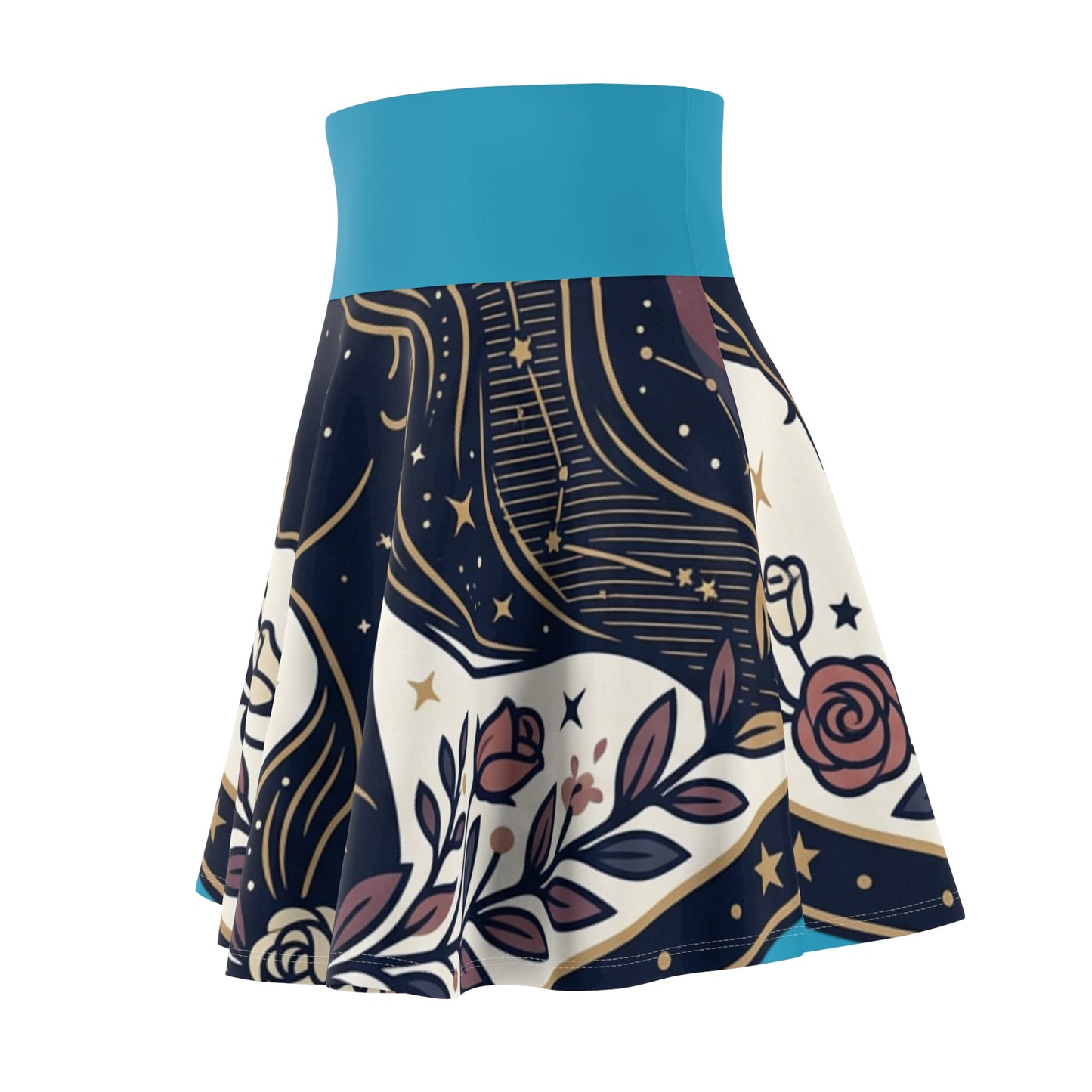 Celestial Moon & Roses Skater Skirt – Astrology Floral Aesthetic Skirt | Women’s Flowy Cosmic Skirt