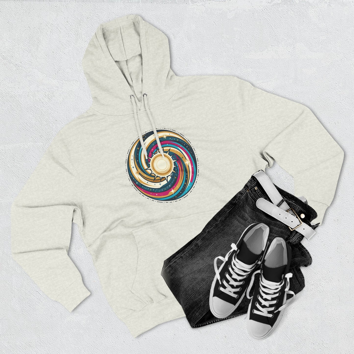 Swirl Sun Hoodie – Cosmic Spiral Sun Graphic Hoodie | Psychedelic Space Aesthetic, Celestial Streetwear, Unisex Hoodie