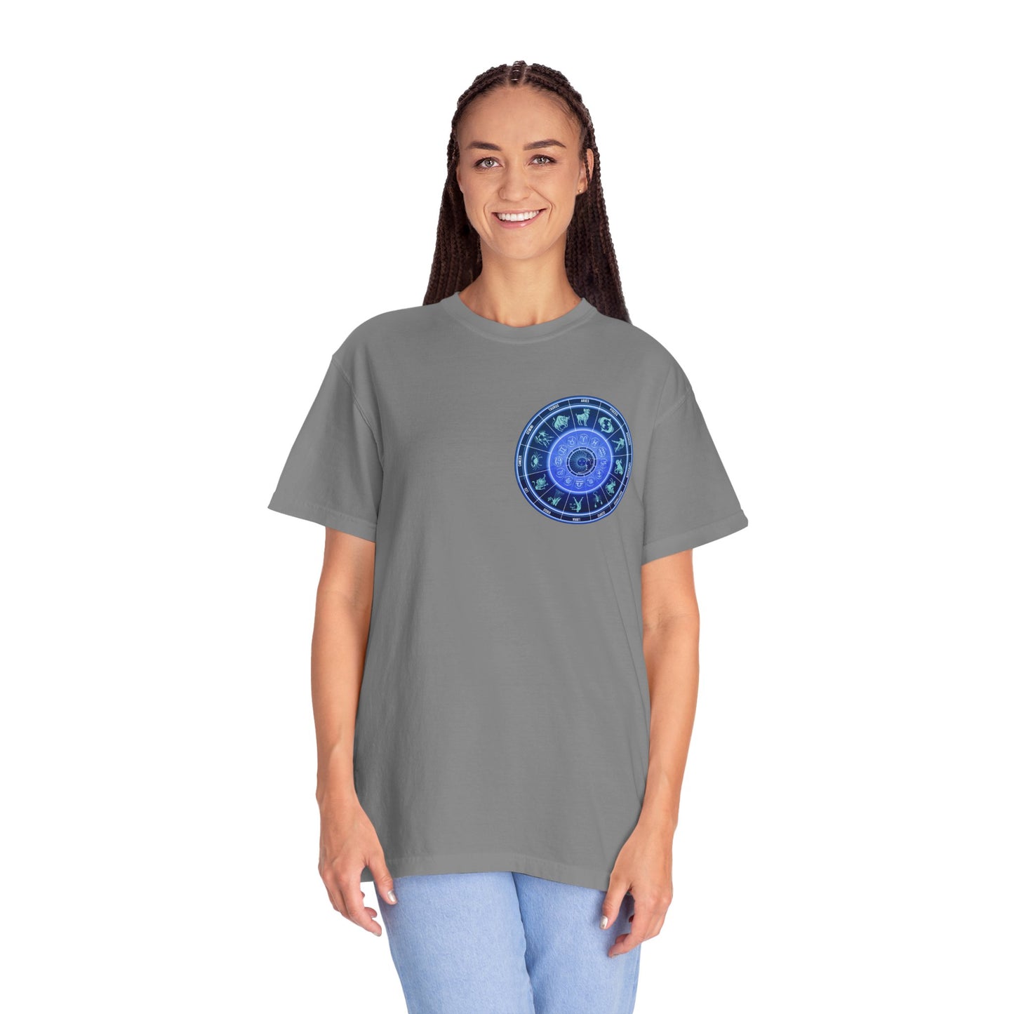 Zodiac Wheel T-Shirt – Blue Astrology Sign Graphic Tee | Celestial Mandala Star Sign Shirt