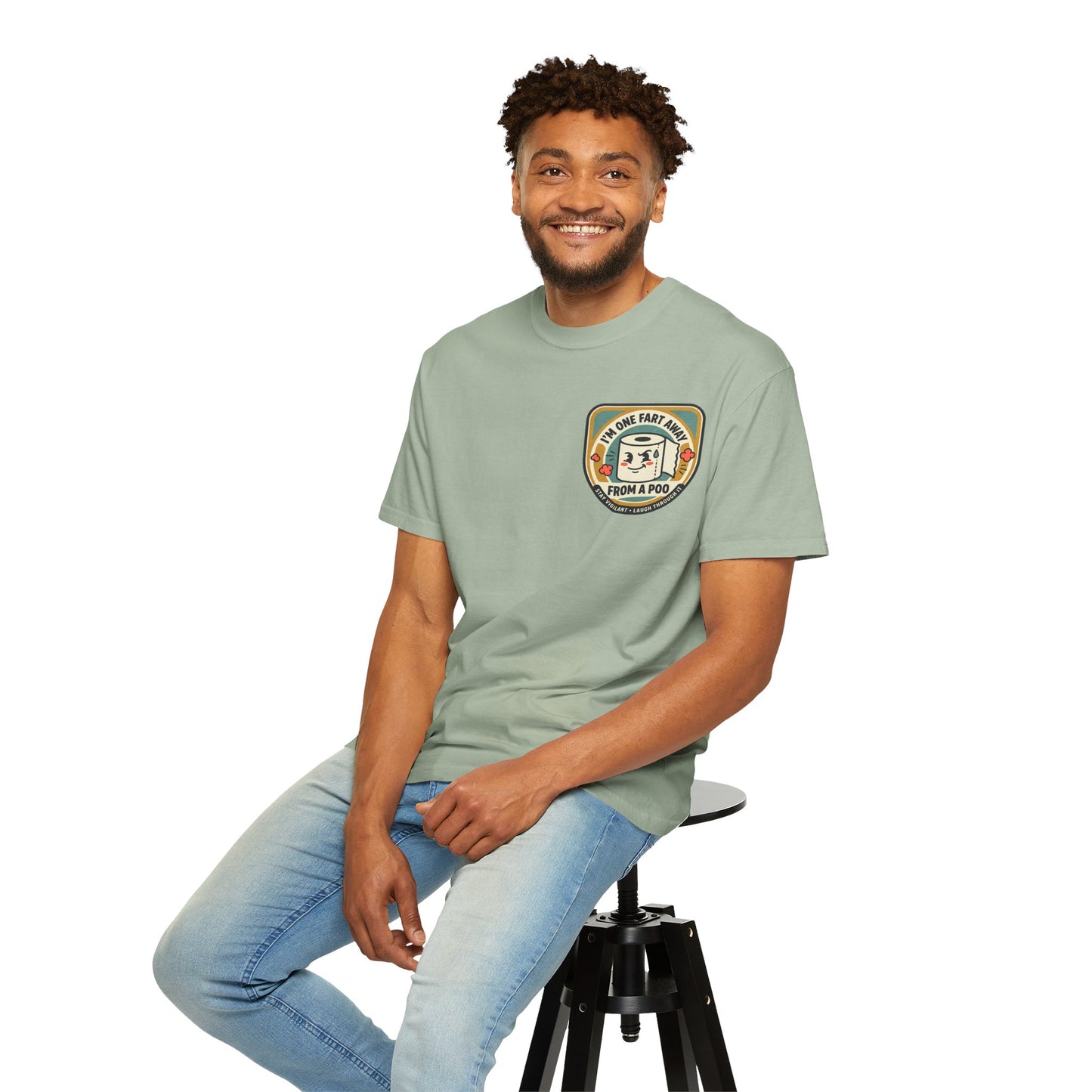 Funny Toilet Paper T-Shirt – “I’m One Fart Away From a Poo” Retro Badge Tee | Novelty Humor Shirt