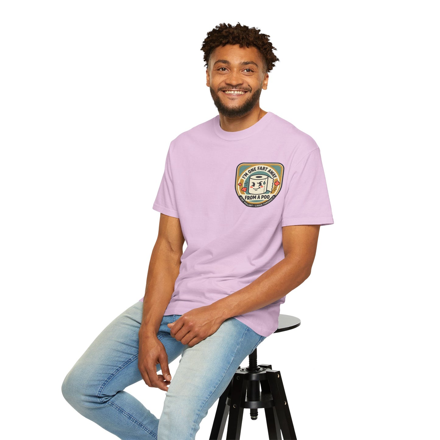 Funny Toilet Paper T-Shirt – “I’m One Fart Away From a Poo” Retro Badge Tee | Novelty Humor Shirt