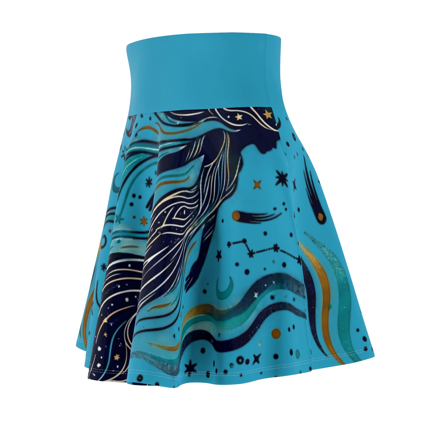 Celestial Waves Skater Skirt – Blue Moon & Star Print Aesthetic Skirt | Women’s Flowy Cosmic Skirt