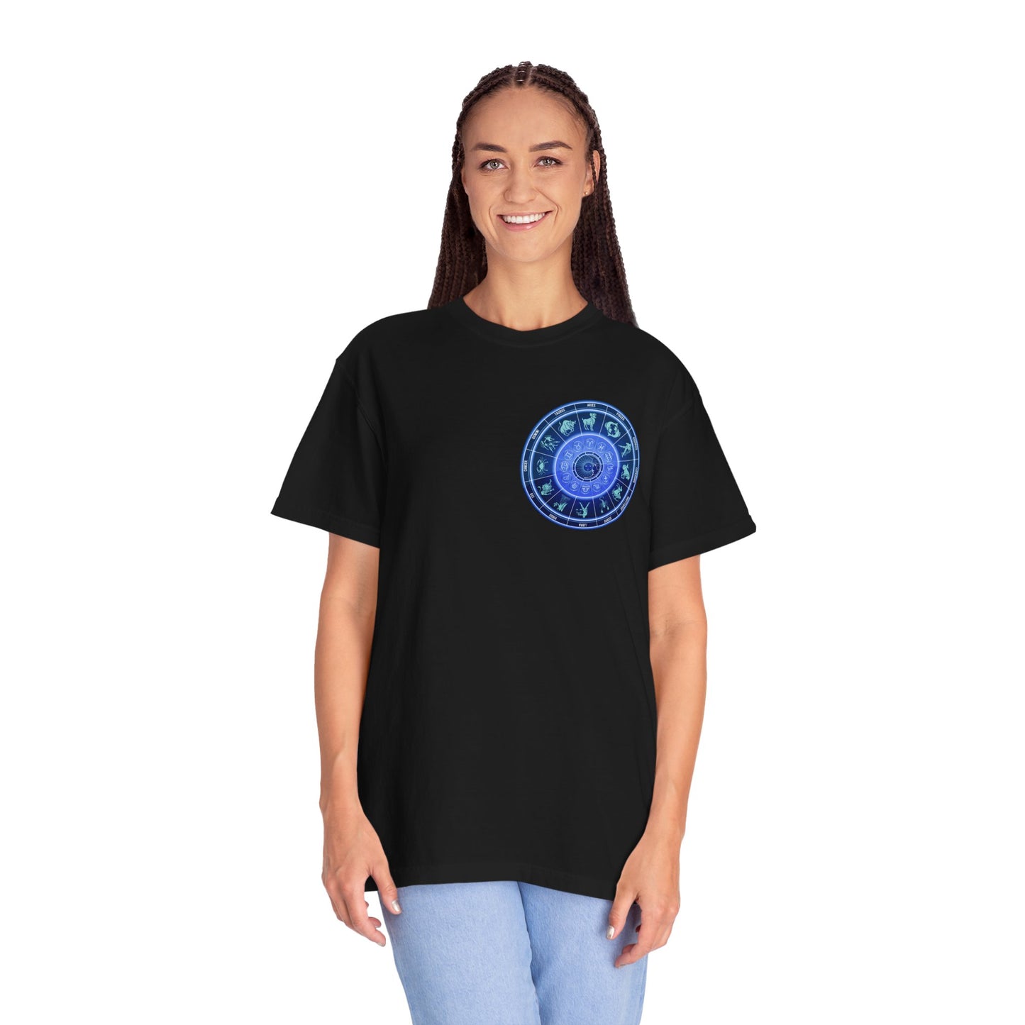 Zodiac Wheel T-Shirt – Blue Astrology Sign Graphic Tee | Celestial Mandala Star Sign Shirt