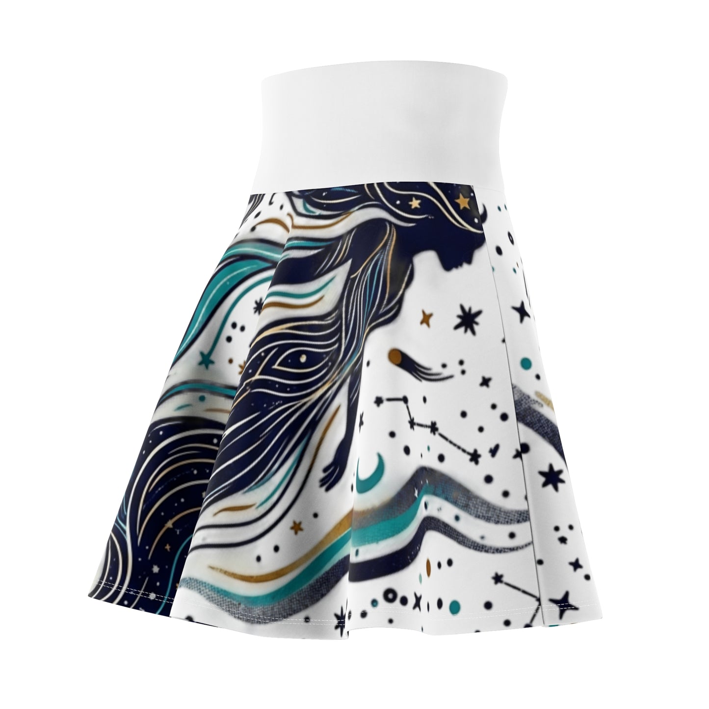 Celestial Waves Skater Skirt – Blue Moon & Star Print Aesthetic Skirt | Women’s Flowy Cosmic Skirt