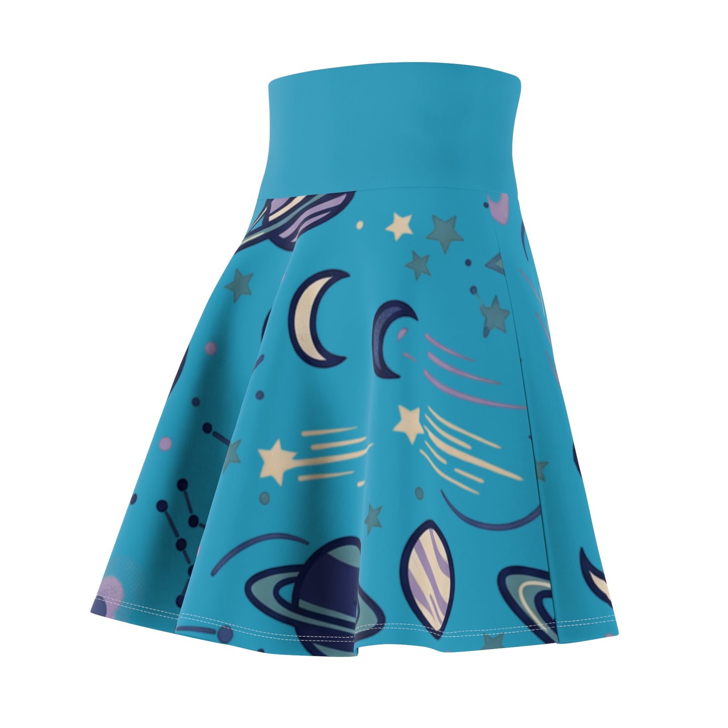Celestial Skater Skirt – Blue Planet & Moon Print Aesthetic Skirt | Women’s Flowy Cosmic Skirt