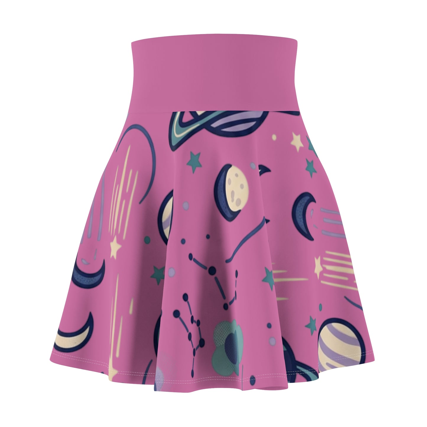 Celestial Skater Skirt – Pink Planet & Moon Print Aesthetic Skirt | Women’s Flowy Cosmic Skirt