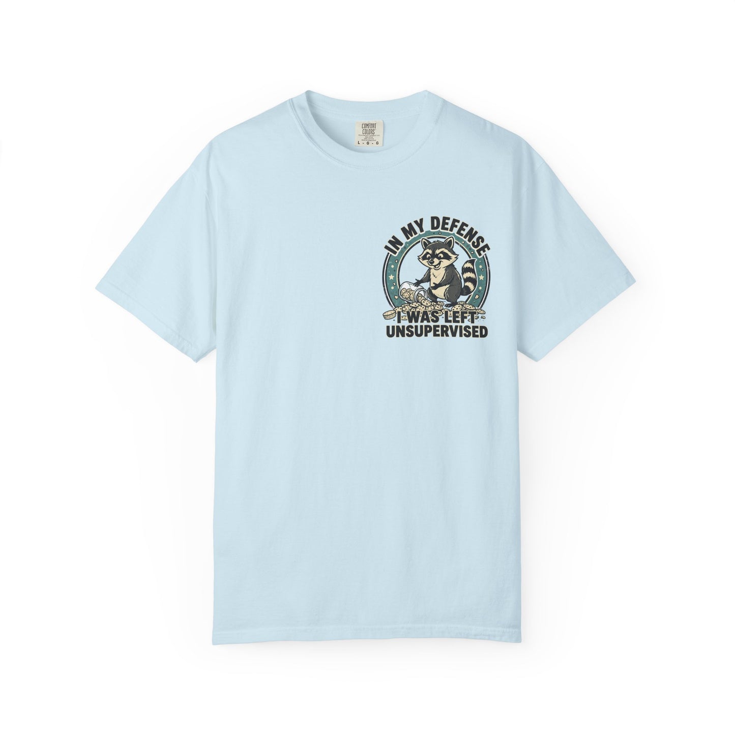 Funny Raccoon T-Shirt – “In My Defense I Was Left Unsupervised” Graphic Tee | Cute Chaos Humor Shirt