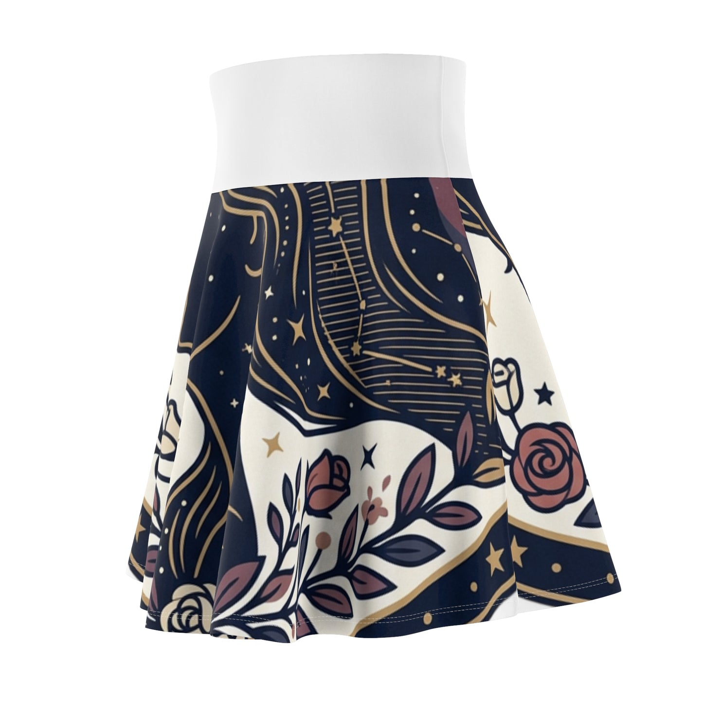 Celestial Moon & Roses Skater Skirt – Astrology Floral Aesthetic Skirt | Women’s Flowy Cosmic Skirt