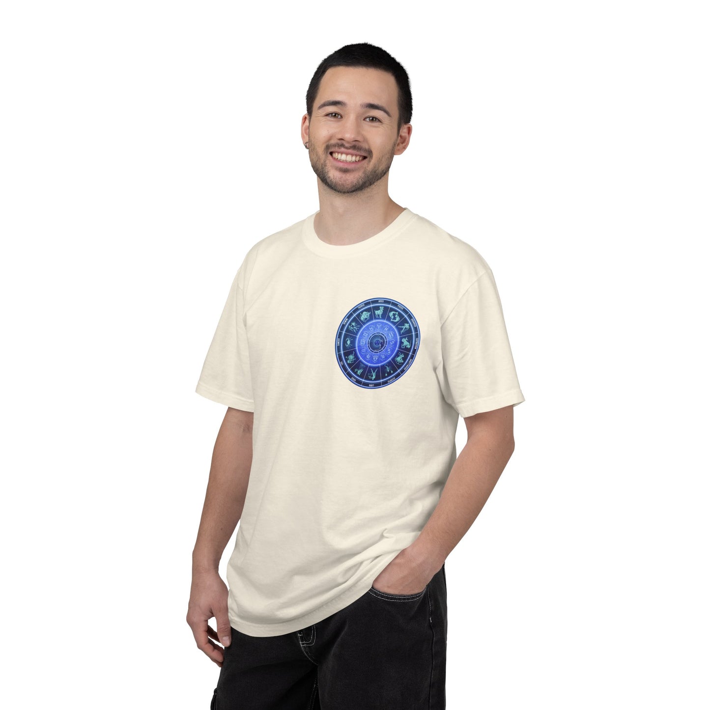 Zodiac Wheel T-Shirt – Blue Astrology Sign Graphic Tee | Celestial Mandala Star Sign Shirt