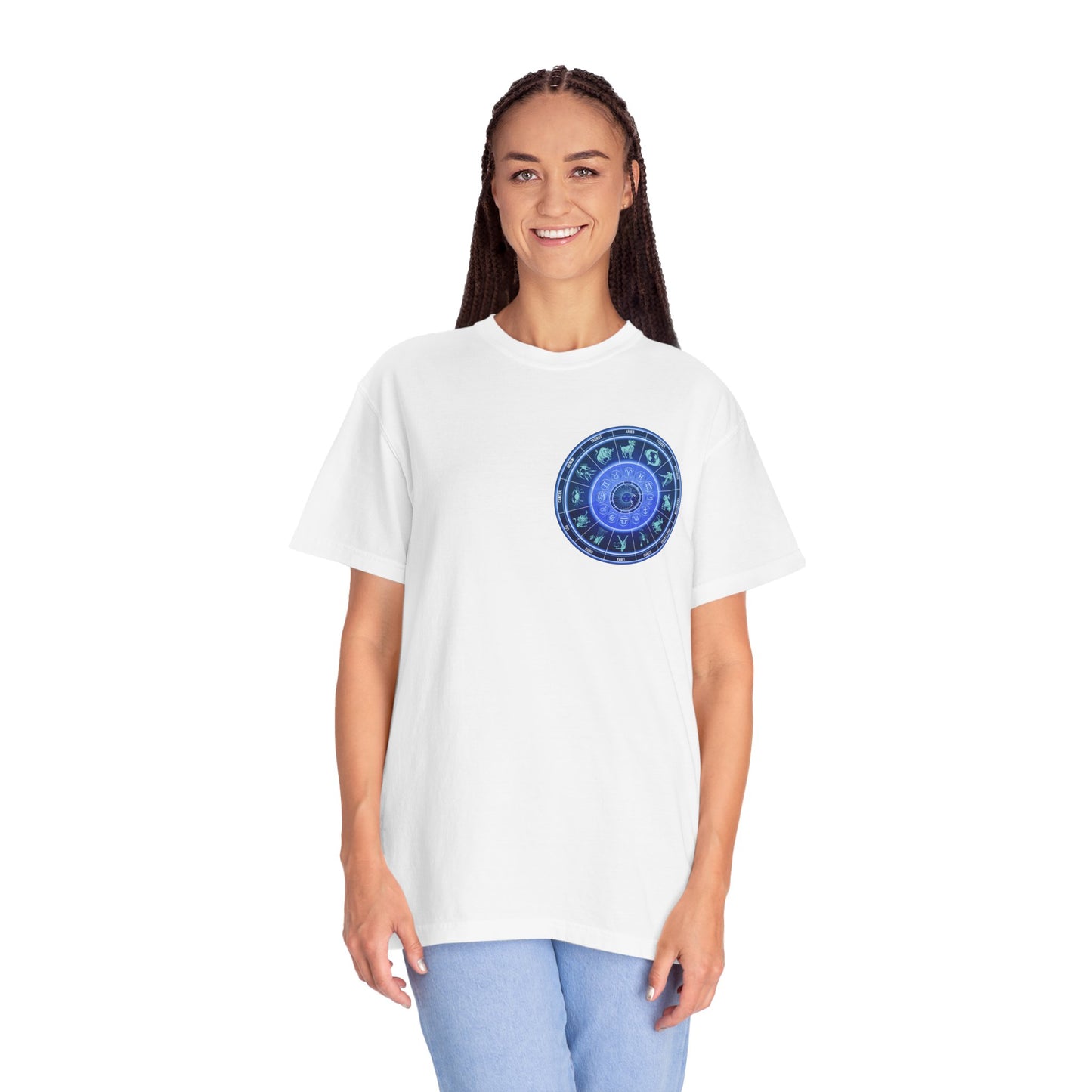 Zodiac Wheel T-Shirt – Blue Astrology Sign Graphic Tee | Celestial Mandala Star Sign Shirt