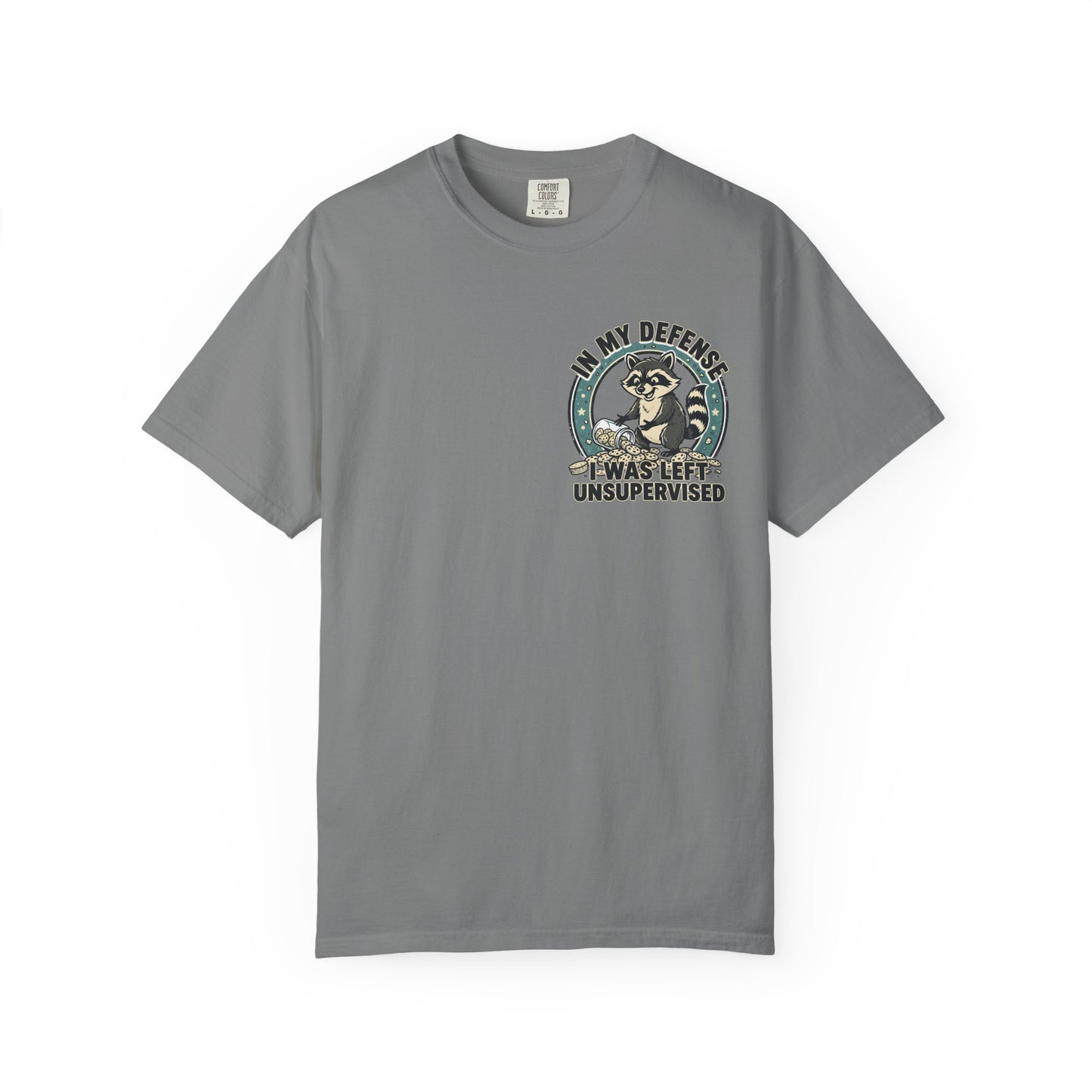 Funny Raccoon T-Shirt – “In My Defense I Was Left Unsupervised” Graphic Tee | Cute Chaos Humor Shirt