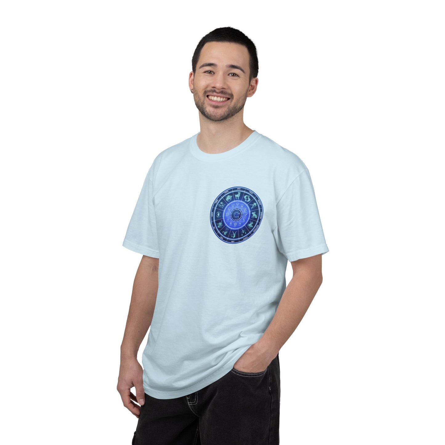 Zodiac Wheel T-Shirt – Blue Astrology Sign Graphic Tee | Celestial Mandala Star Sign Shirt