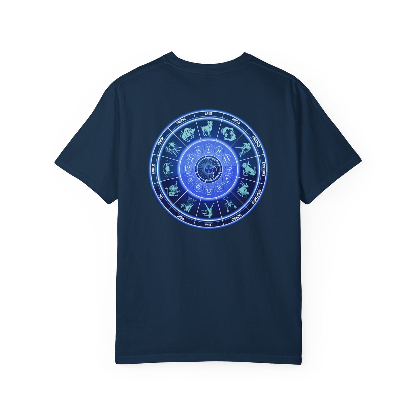 Zodiac Wheel T-Shirt – Blue Astrology Sign Graphic Tee | Celestial Mandala Star Sign Shirt