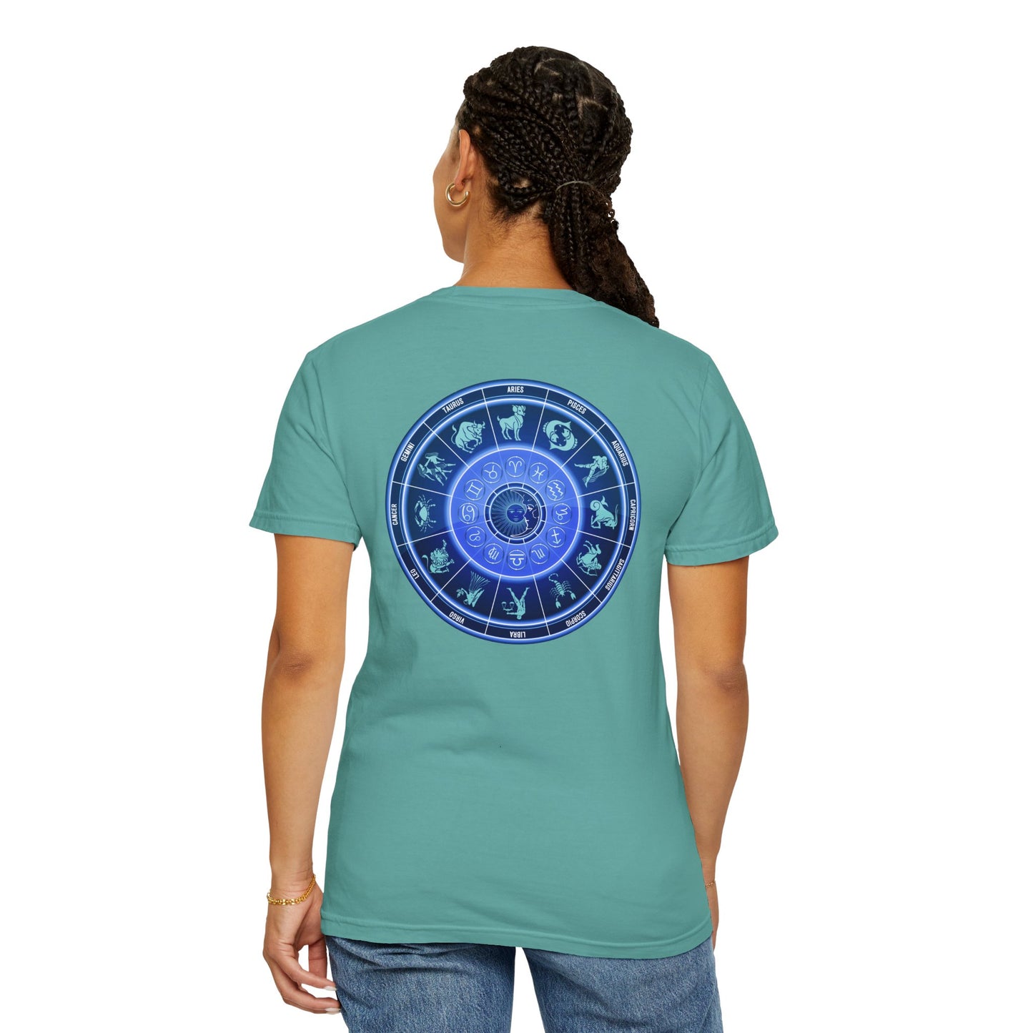 Zodiac Wheel T-Shirt – Blue Astrology Sign Graphic Tee | Celestial Mandala Star Sign Shirt
