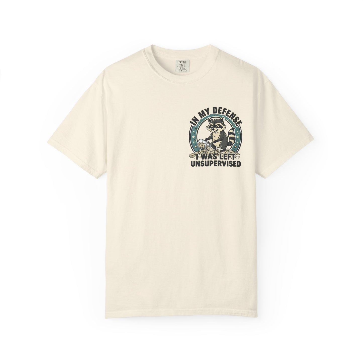 Funny Raccoon T-Shirt – “In My Defense I Was Left Unsupervised” Graphic Tee | Cute Chaos Humor Shirt