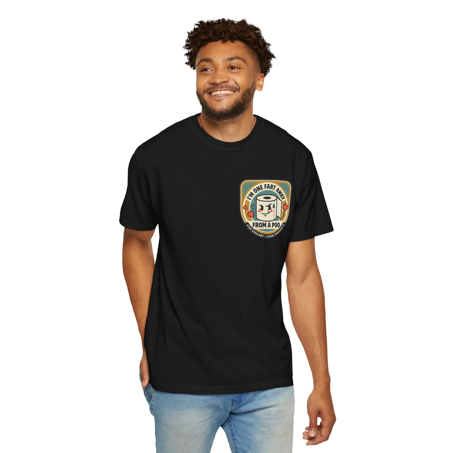Funny Toilet Paper T-Shirt – “I’m One Fart Away From a Poo” Retro Badge Tee | Novelty Humor Shirt