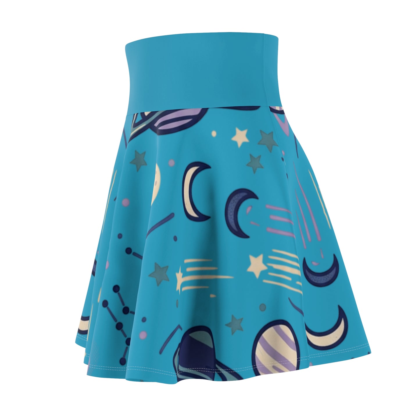 Celestial Skater Skirt – Blue Planet & Moon Print Aesthetic Skirt | Women’s Flowy Cosmic Skirt