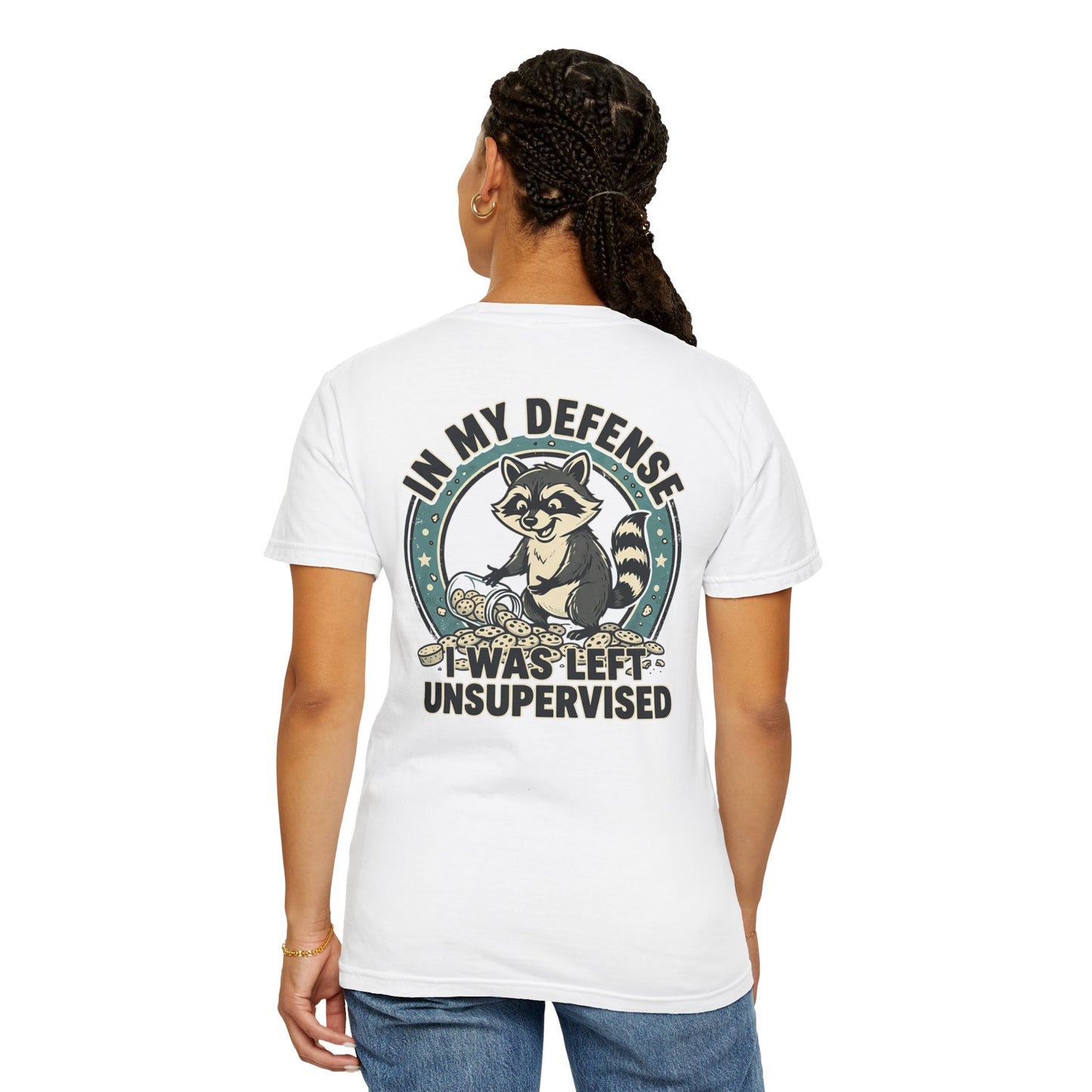 Funny Raccoon T-Shirt – “In My Defense I Was Left Unsupervised” Graphic Tee | Cute Chaos Humor Shirt