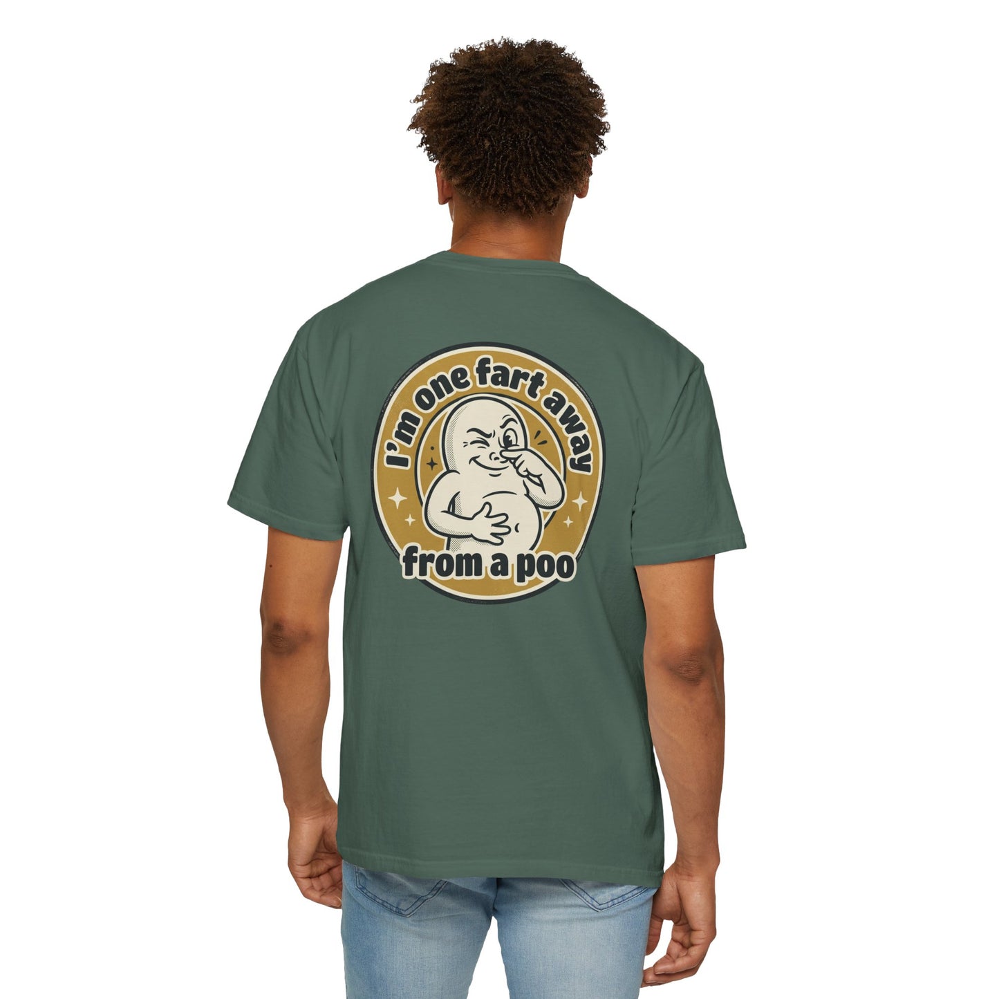 Funny Graphic T-Shirt – “I’m One Fart Away From a Poo” Retro Badge Tee | Sarcastic Humor Shirt