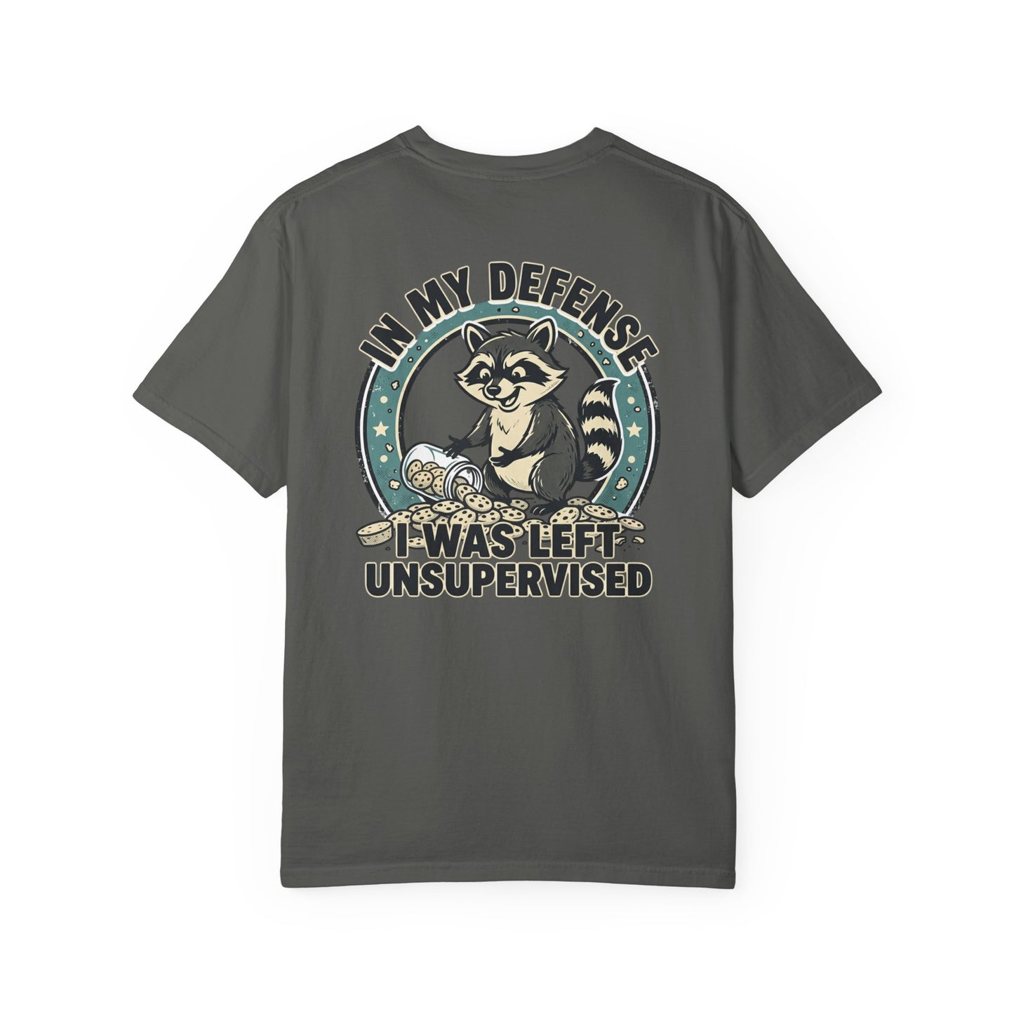 Funny Raccoon T-Shirt – “In My Defense I Was Left Unsupervised” Graphic Tee | Cute Chaos Humor Shirt