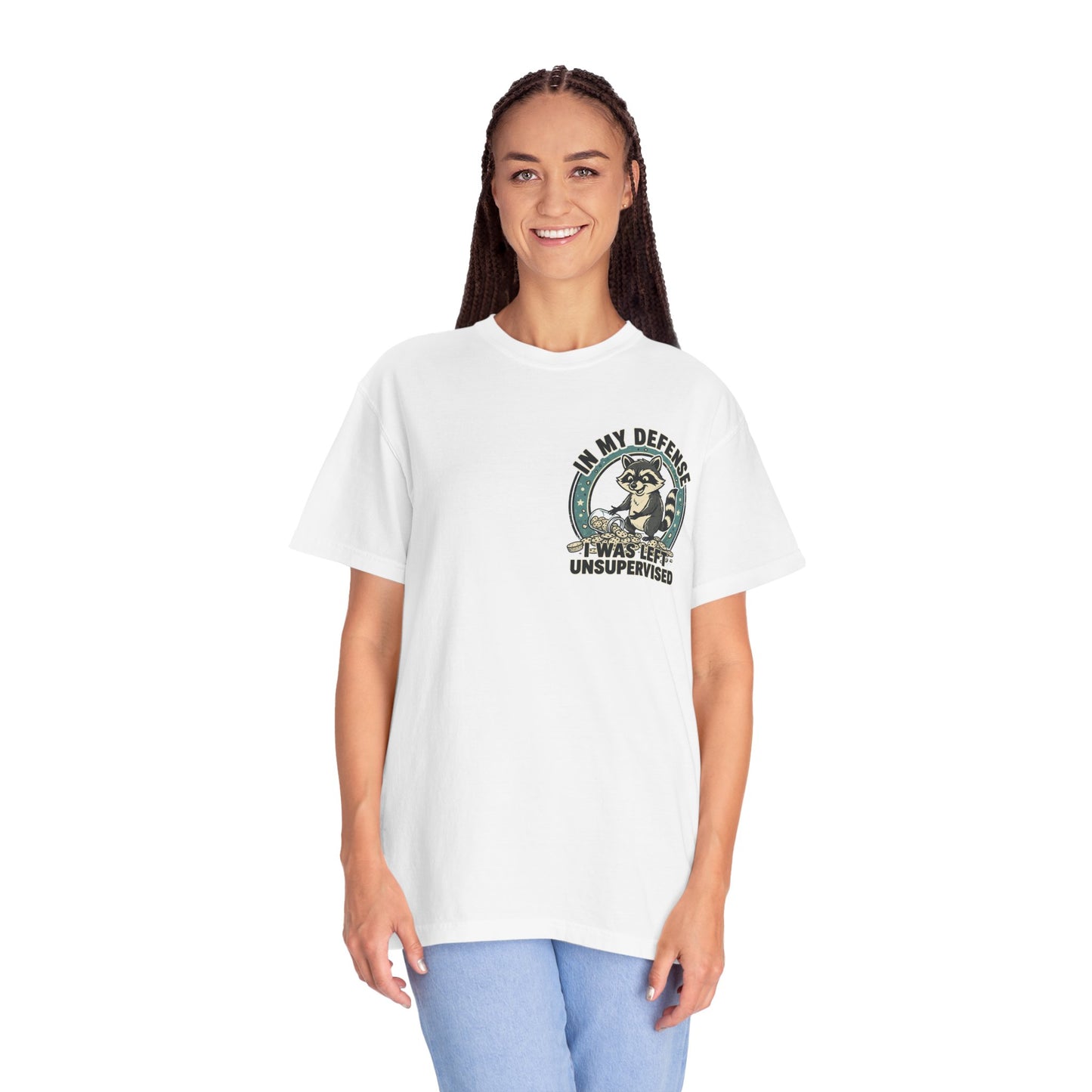 Funny Raccoon T-Shirt – “In My Defense I Was Left Unsupervised” Graphic Tee | Cute Chaos Humor Shirt