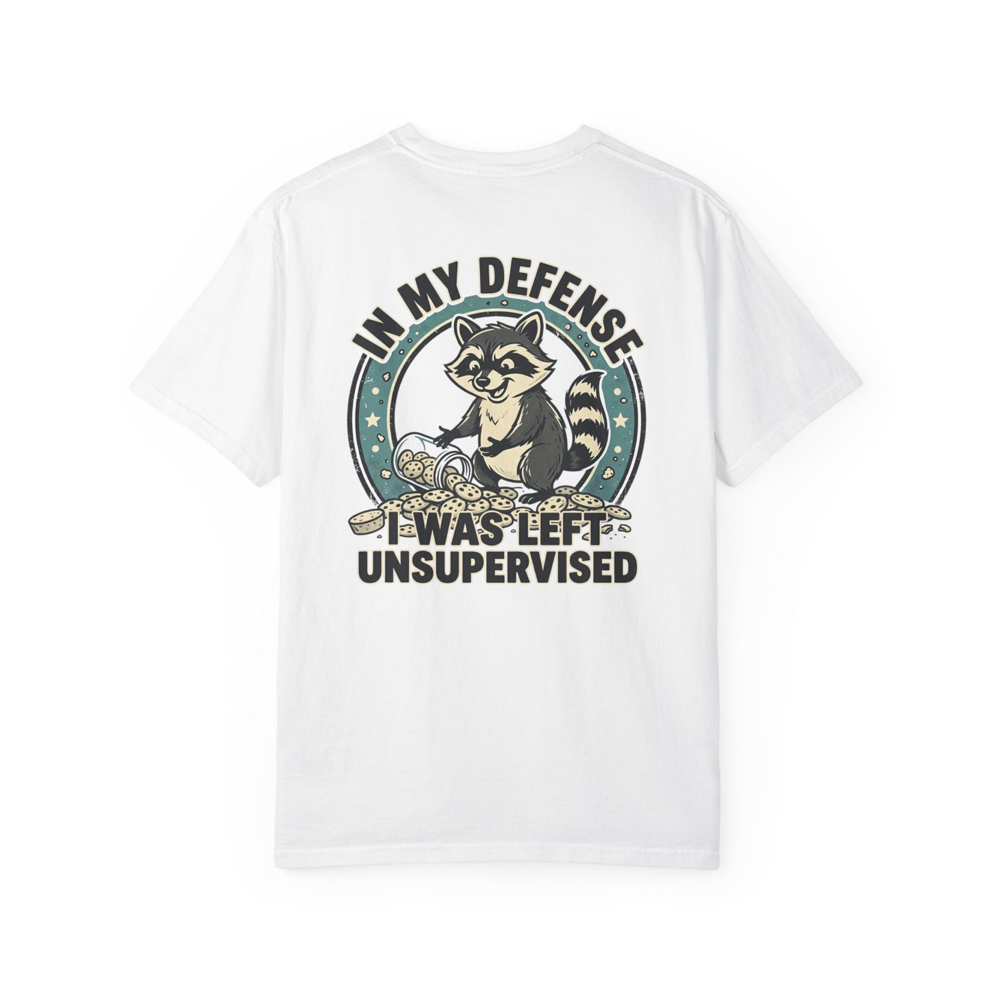 Funny Raccoon T-Shirt – “In My Defense I Was Left Unsupervised” Graphic Tee | Cute Chaos Humor Shirt