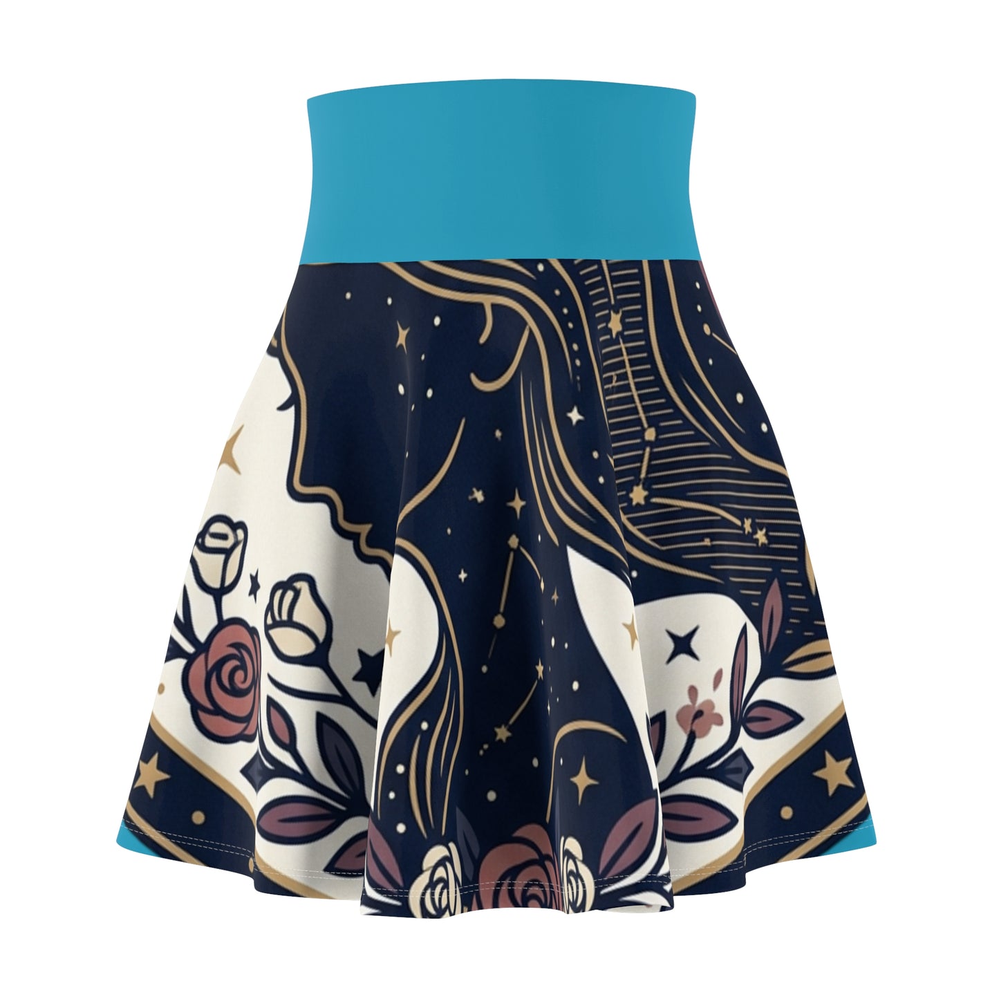 Celestial Moon & Roses Skater Skirt – Astrology Floral Aesthetic Skirt | Women’s Flowy Cosmic Skirt