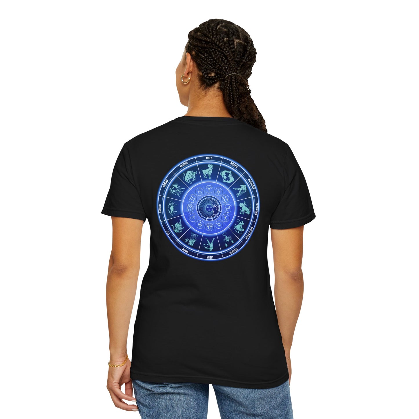 Zodiac Wheel T-Shirt – Blue Astrology Sign Graphic Tee | Celestial Mandala Star Sign Shirt