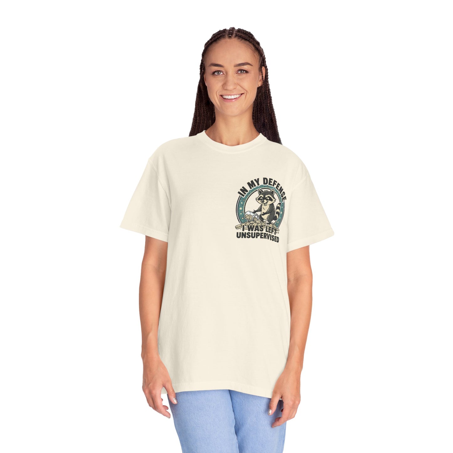 Funny Raccoon T-Shirt – “In My Defense I Was Left Unsupervised” Graphic Tee | Cute Chaos Humor Shirt