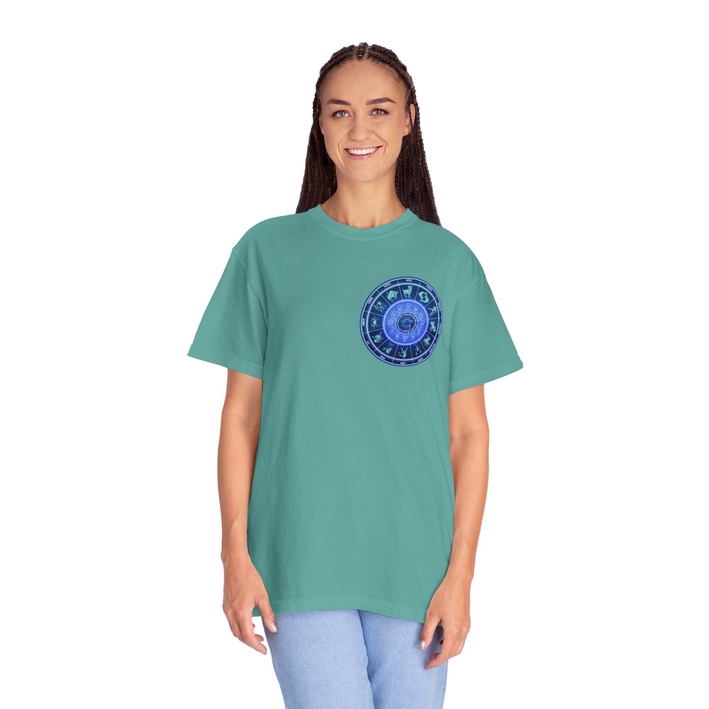 Zodiac Wheel T-Shirt – Blue Astrology Sign Graphic Tee | Celestial Mandala Star Sign Shirt
