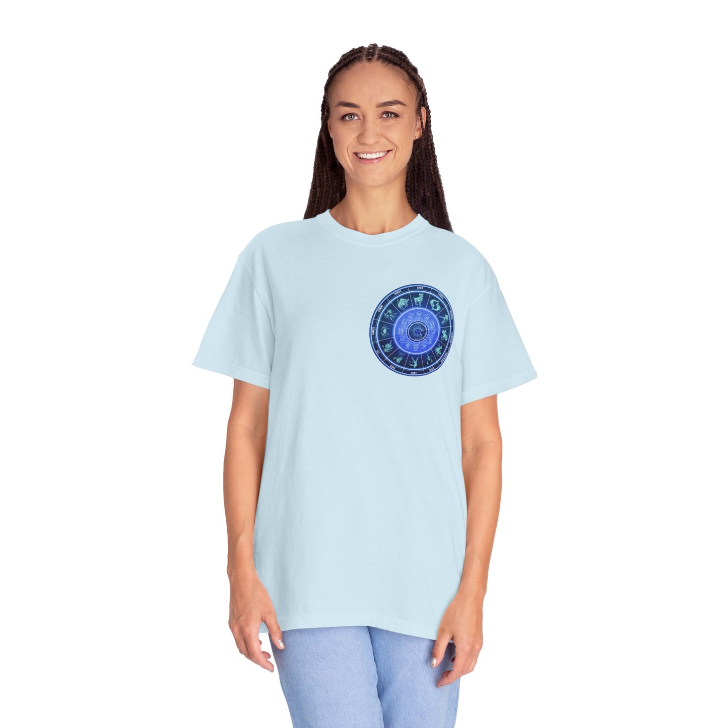 Zodiac Wheel T-Shirt – Blue Astrology Sign Graphic Tee | Celestial Mandala Star Sign Shirt