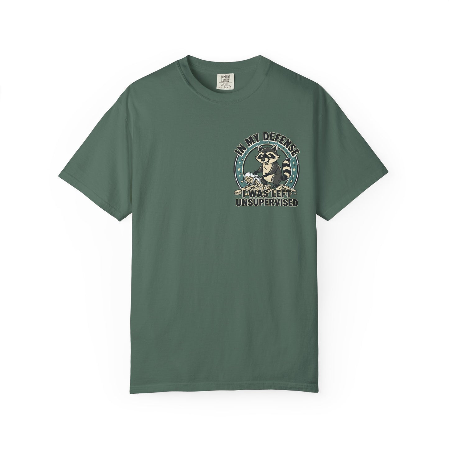 Funny Raccoon T-Shirt – “In My Defense I Was Left Unsupervised” Graphic Tee | Cute Chaos Humor Shirt