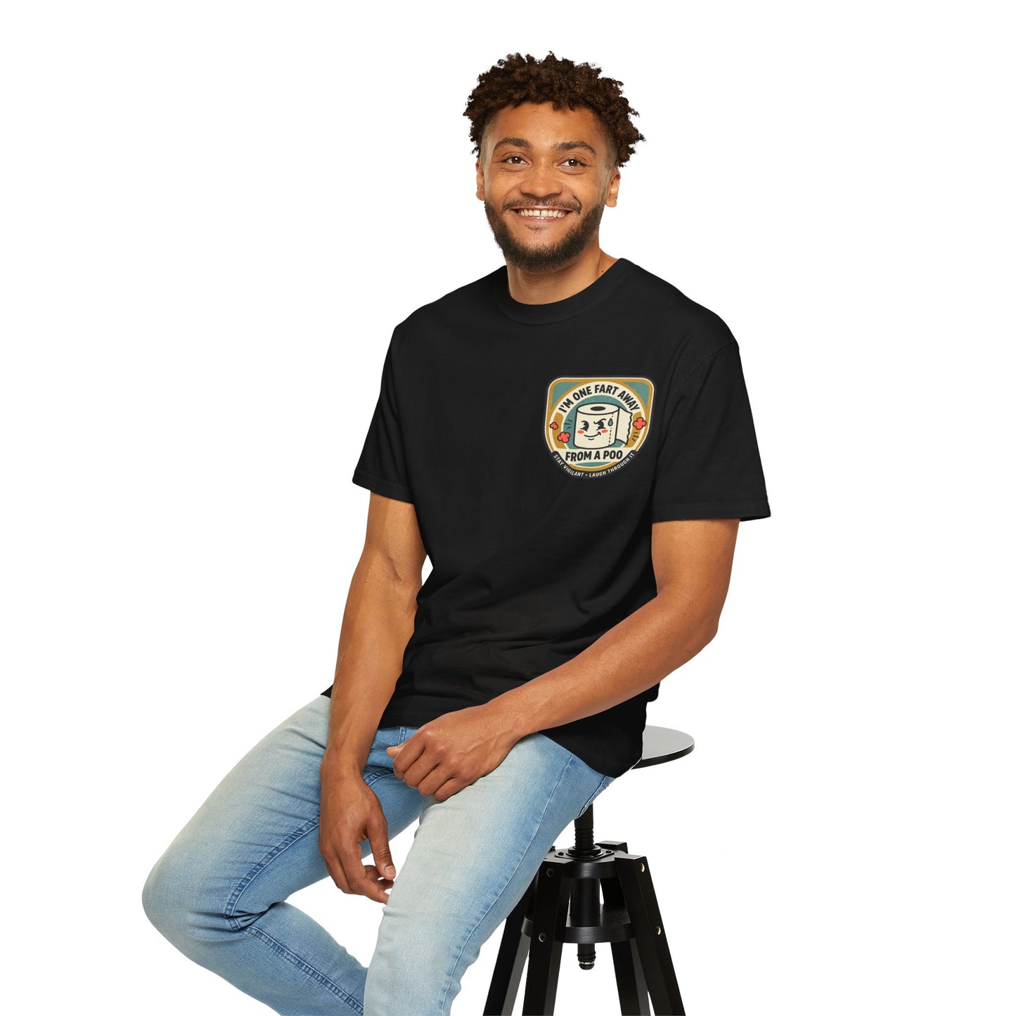 Funny Toilet Paper T-Shirt – “I’m One Fart Away From a Poo” Retro Badge Tee | Novelty Humor Shirt