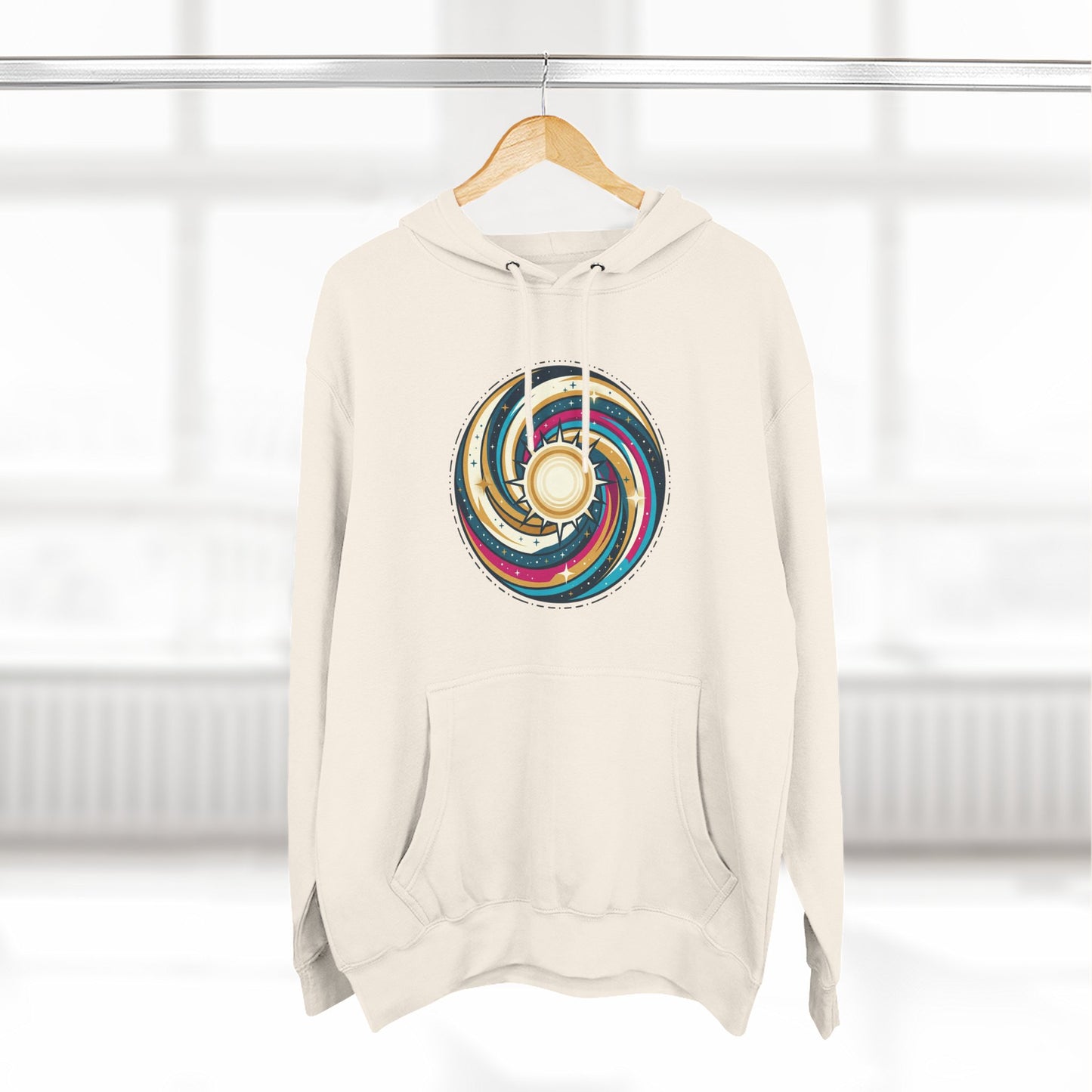 Swirl Sun Hoodie – Cosmic Spiral Sun Graphic Hoodie | Psychedelic Space Aesthetic, Celestial Streetwear, Unisex Hoodie