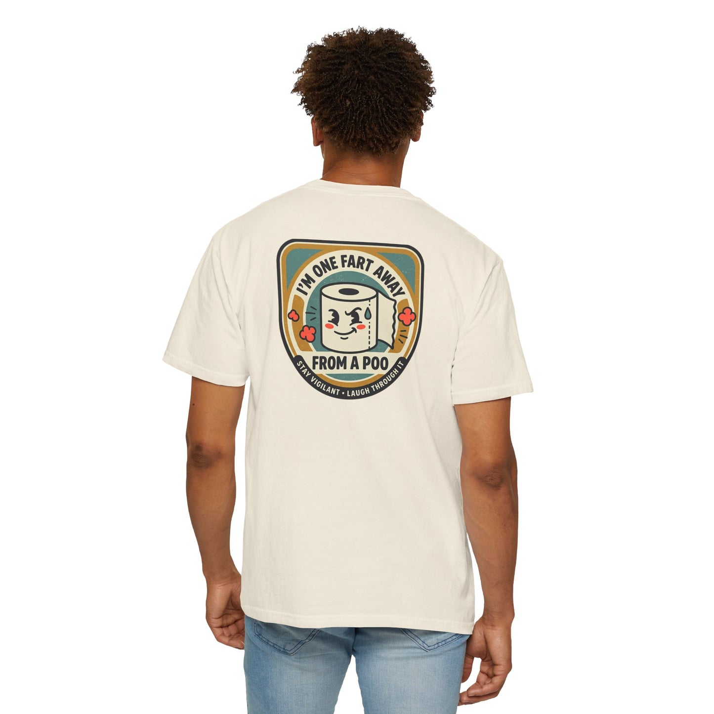 Funny Toilet Paper T-Shirt – “I’m One Fart Away From a Poo” Retro Badge Tee | Novelty Humor Shirt