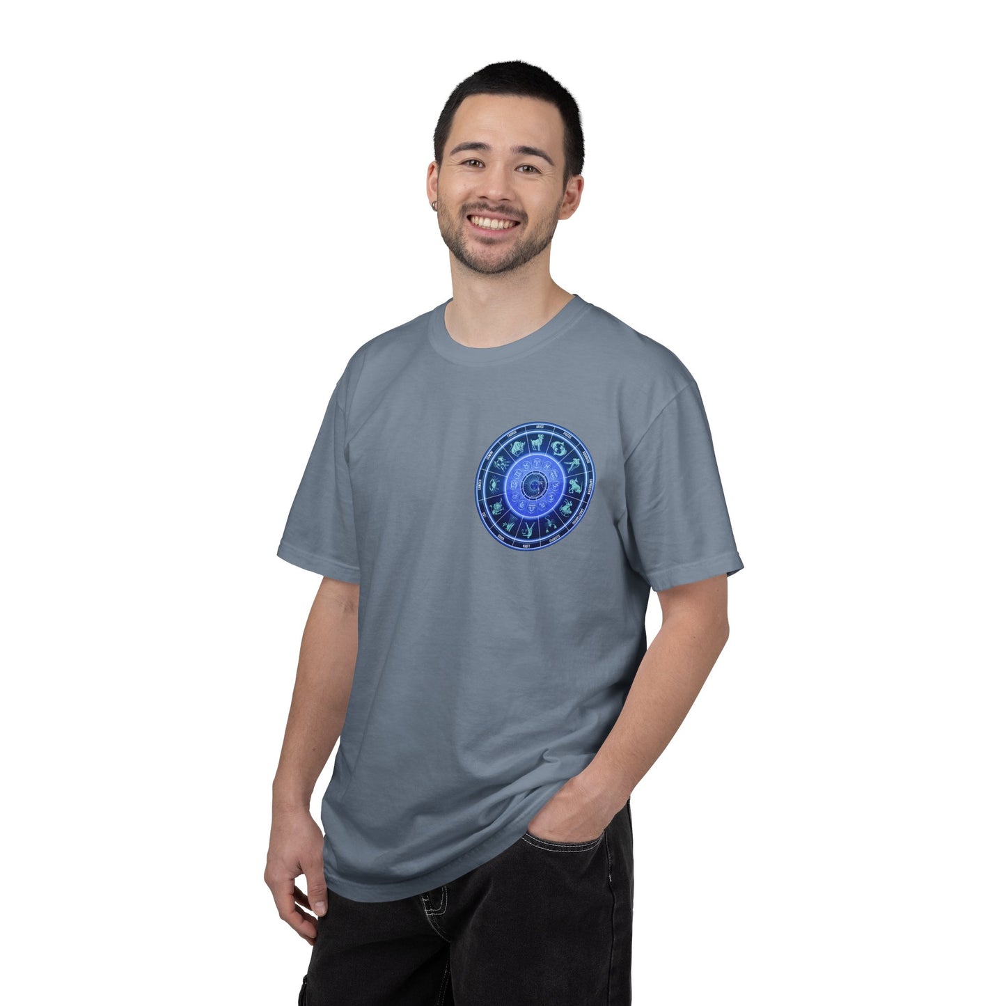 Zodiac Wheel T-Shirt – Blue Astrology Sign Graphic Tee | Celestial Mandala Star Sign Shirt