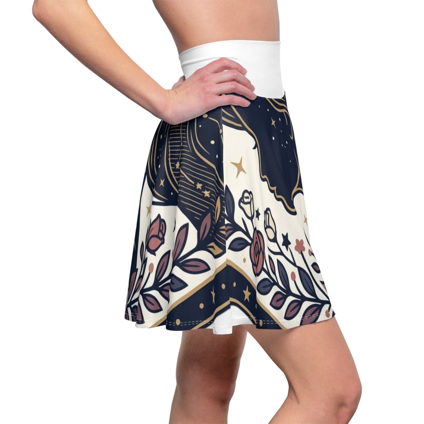 Celestial Moon & Roses Skater Skirt – Astrology Floral Aesthetic Skirt | Women’s Flowy Cosmic Skirt