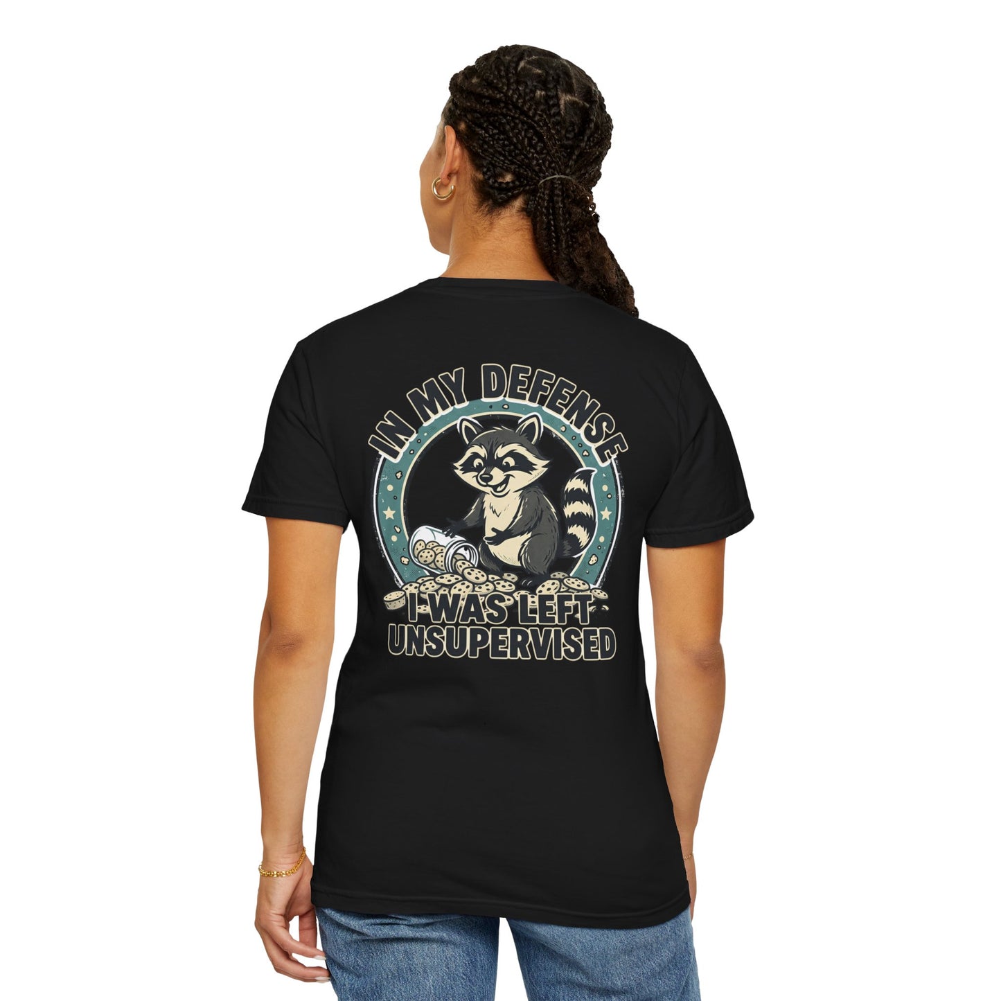 Funny Raccoon T-Shirt – “In My Defense I Was Left Unsupervised” Graphic Tee | Cute Chaos Humor Shirt