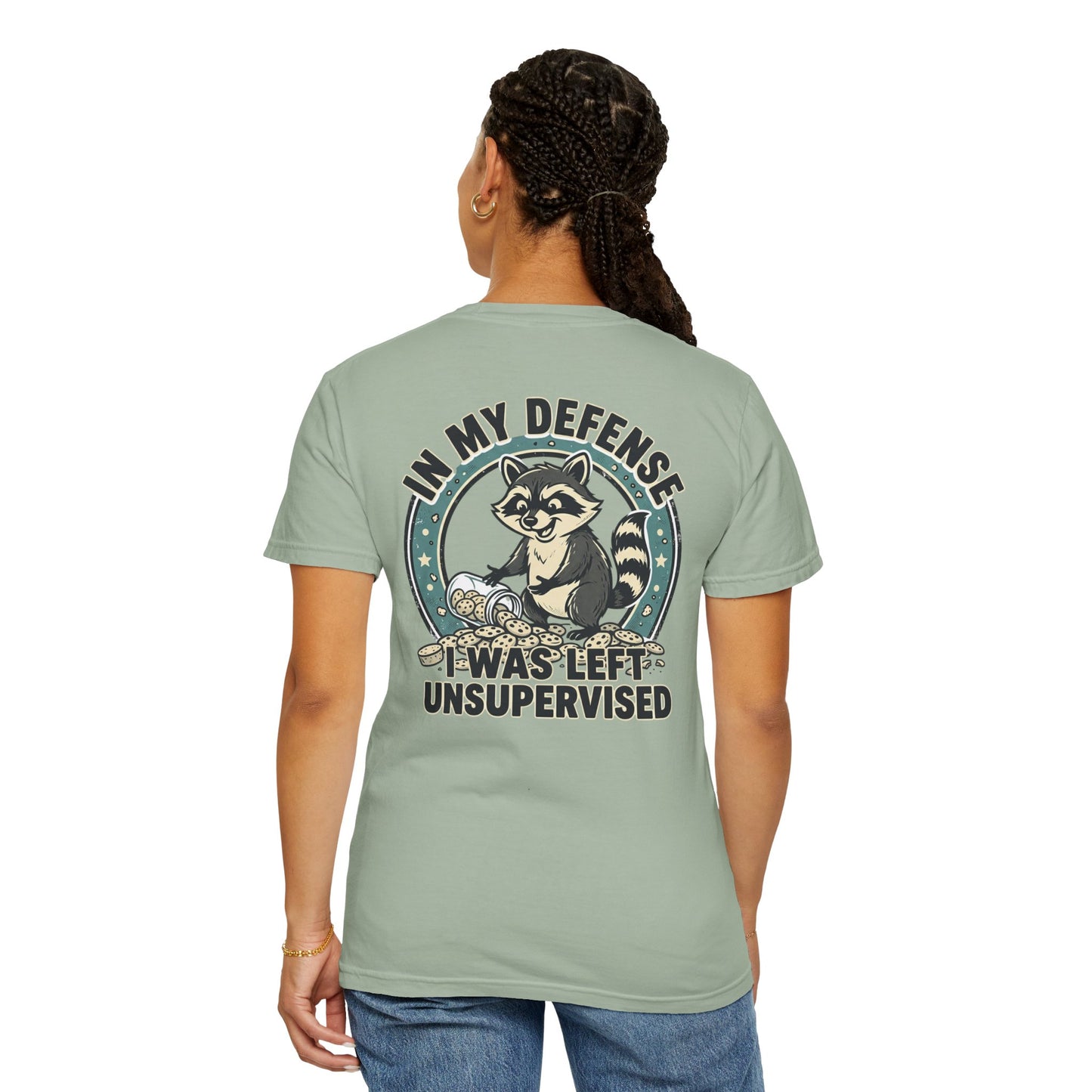 Funny Raccoon T-Shirt – “In My Defense I Was Left Unsupervised” Graphic Tee | Cute Chaos Humor Shirt