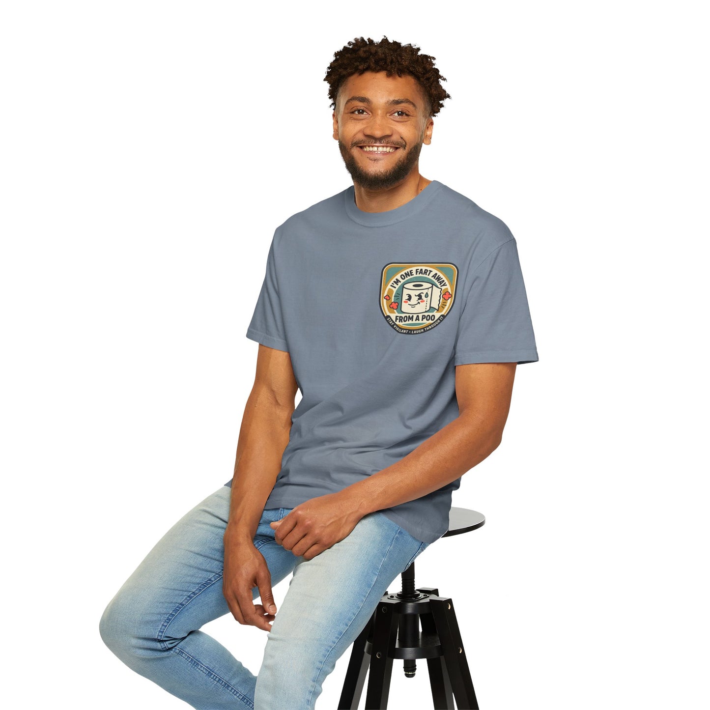 Funny Toilet Paper T-Shirt – “I’m One Fart Away From a Poo” Retro Badge Tee | Novelty Humor Shirt